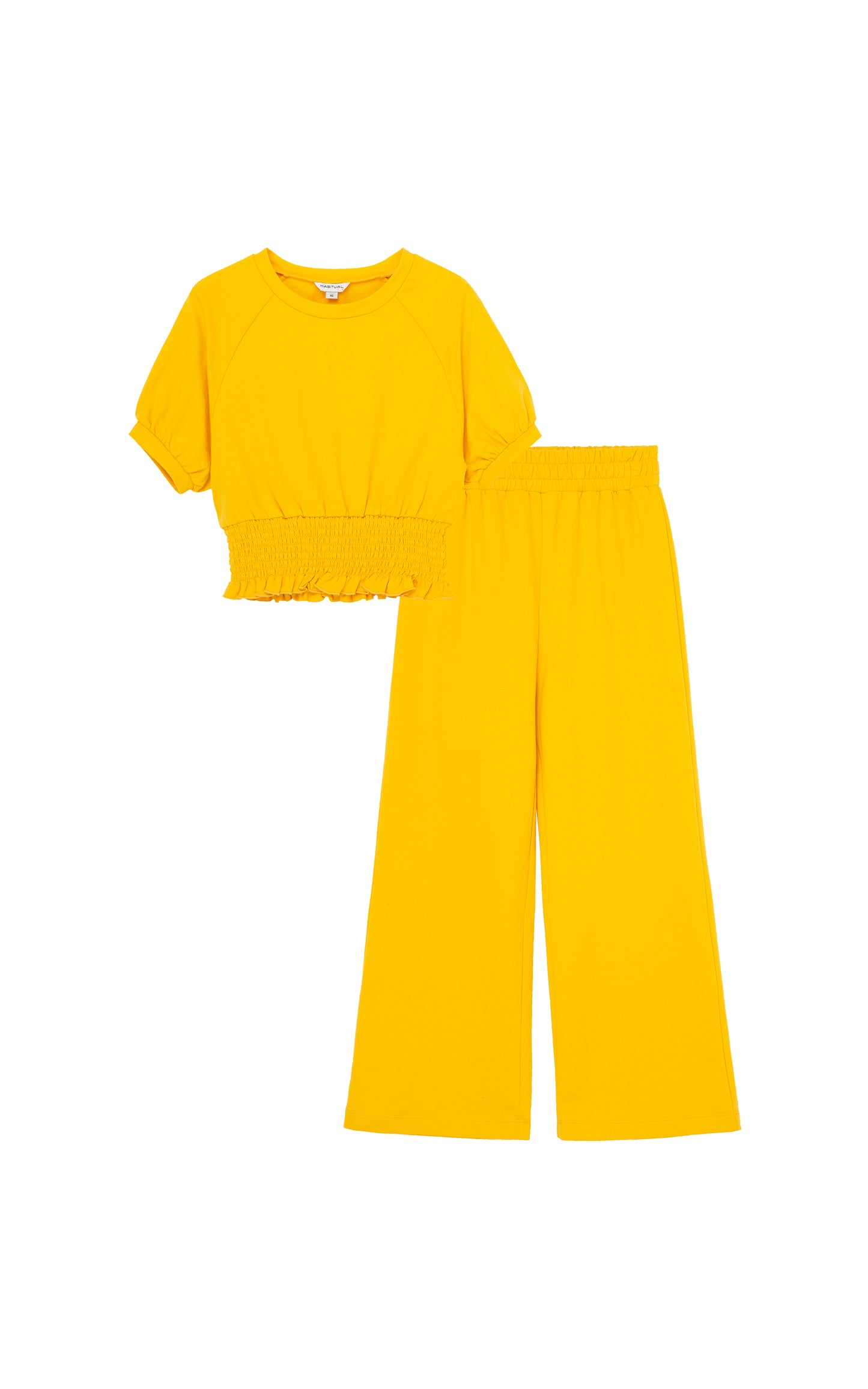 BRIGHT YELLOW SHORT-SLEEVE SWEATSHIRT WITH RUCHED WAIST AND MATCHING SWEATPANTS WITH RUCHED WAISTBAND AND FLARED BOTTOMS
