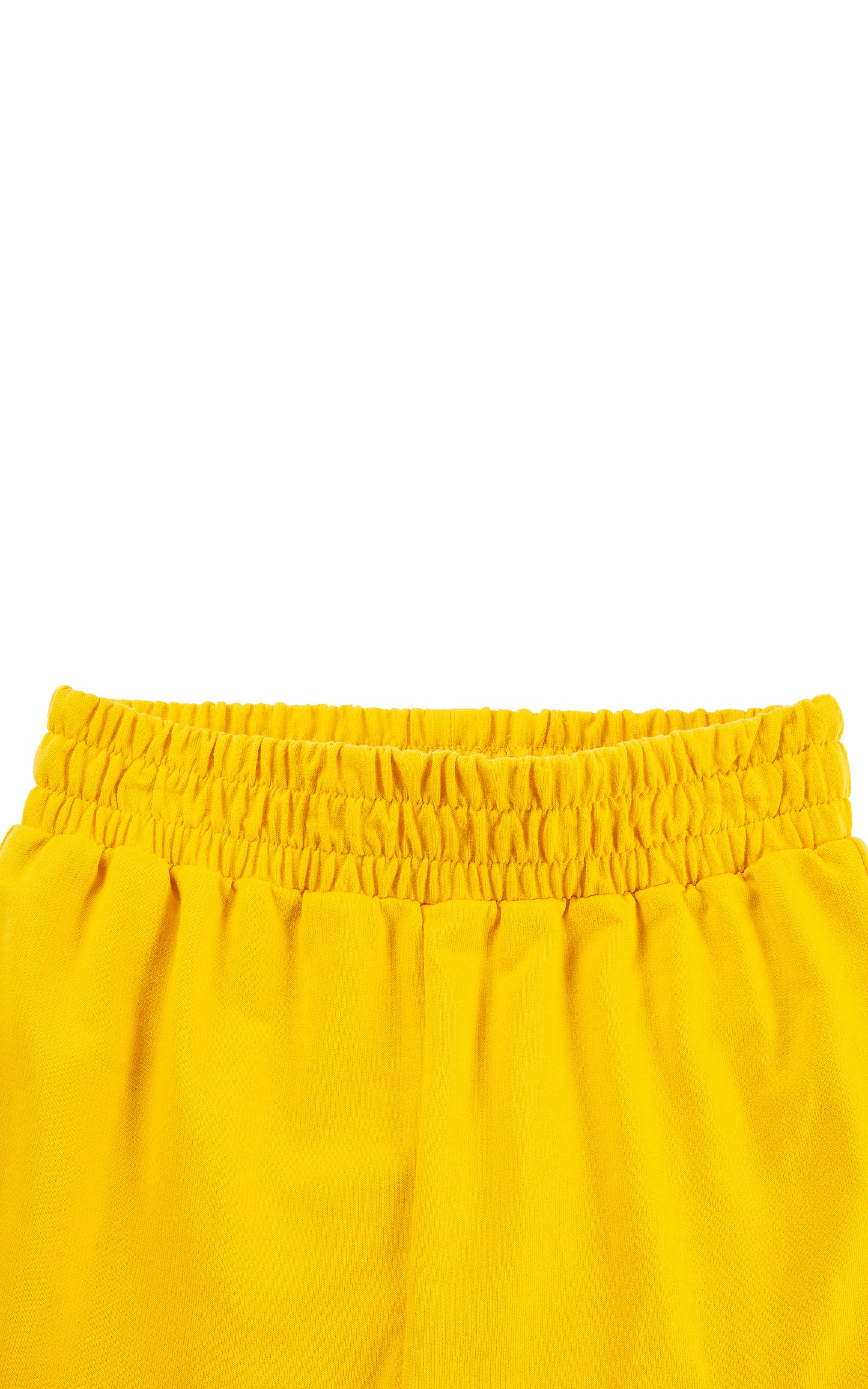 CLOSE UP OF RUCHED WAISTBAND OF  BRIGHT YELLOW SWEATPANTS