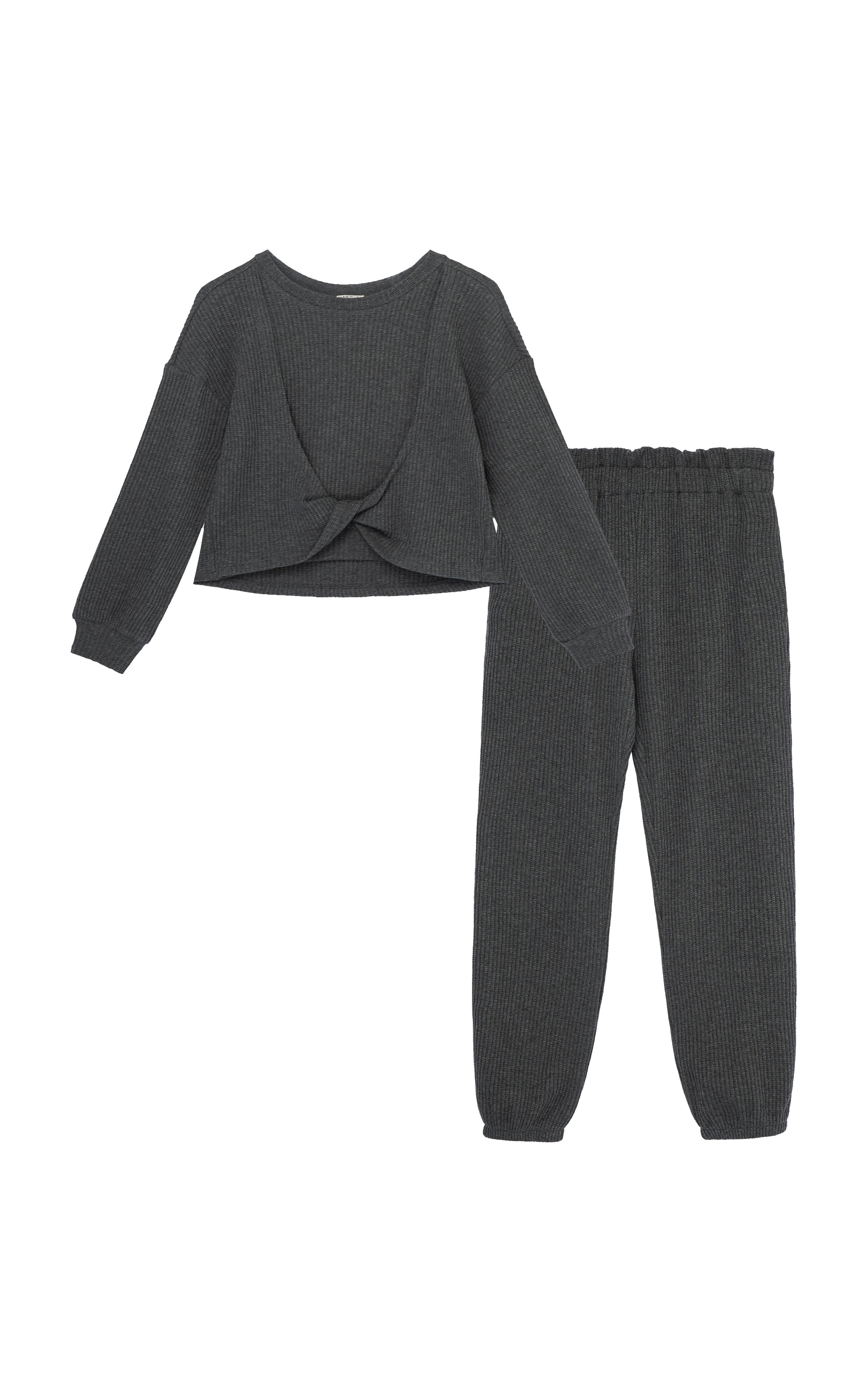 DARK GREY  WAFFLE KNIT SWEATER WITH KNOT TWIST IN FRONT AND MATCHING SWEATPANTS