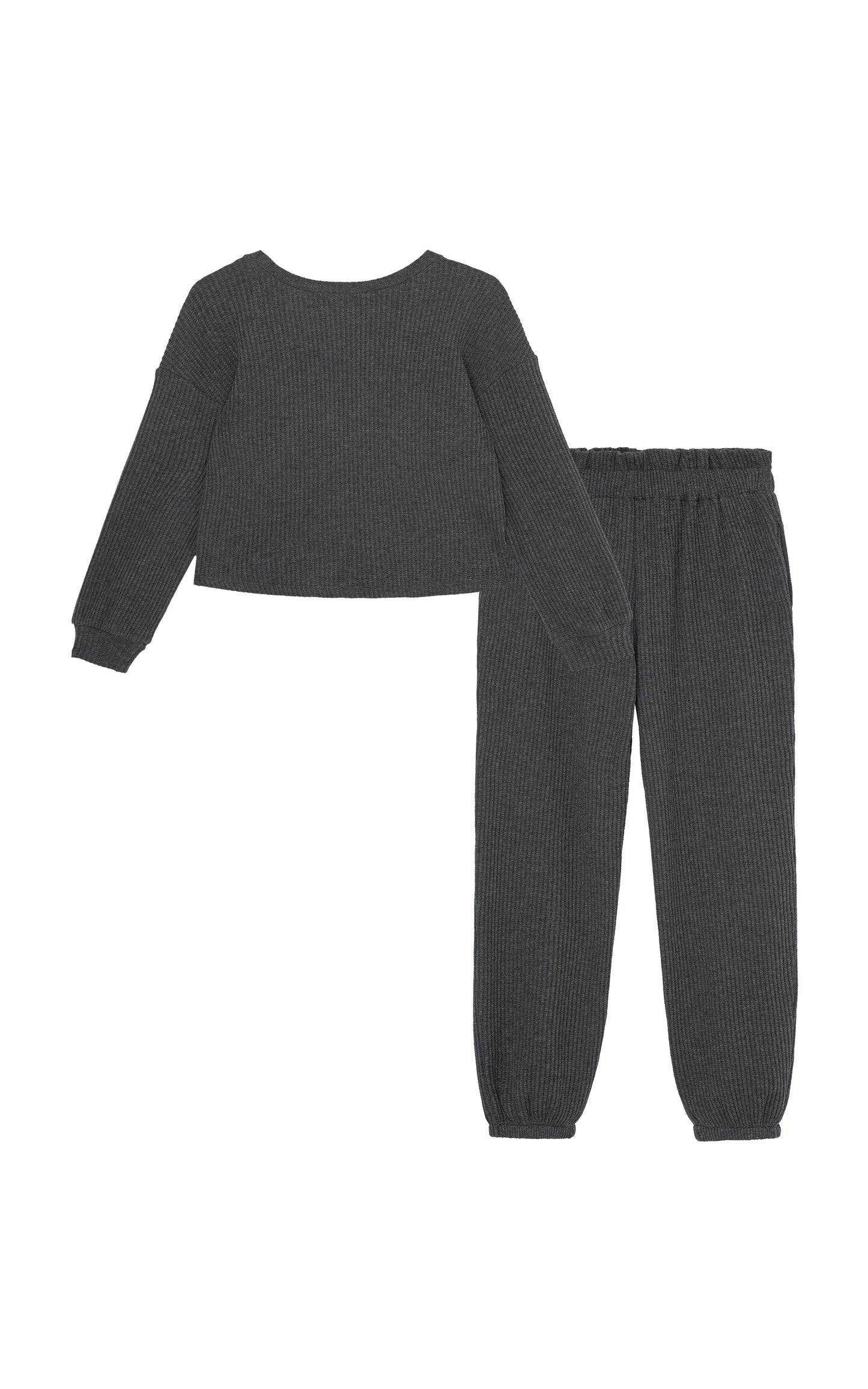 BACK OF DARK GREY  WAFFLE KNIT SWEATER WITH KNOT TWIST IN FRONT AND MATCHING SWEATPANTS