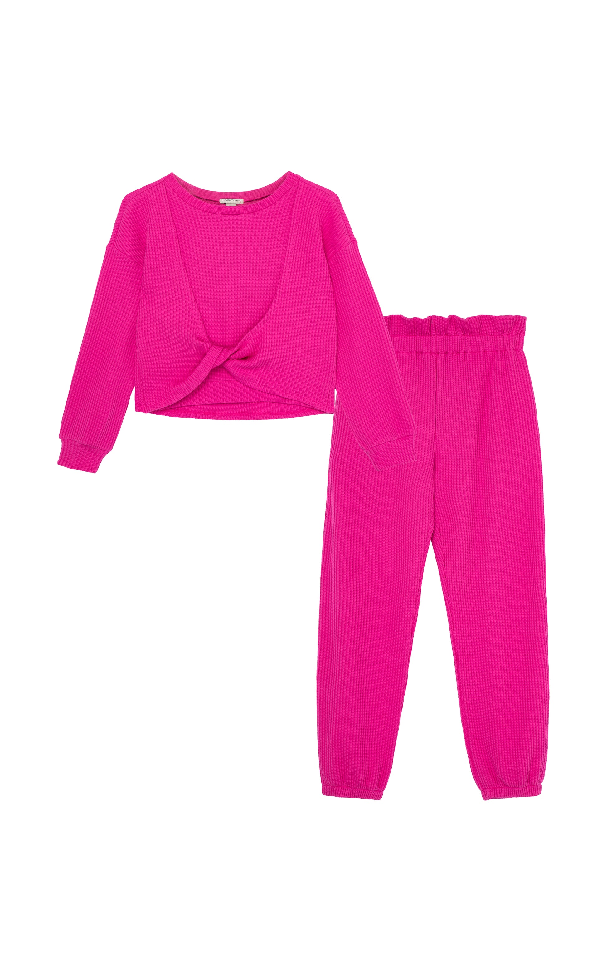 MAGENTA WAFFLE KNIT SWEATER WITH KNOT TWIST IN FRONT AND MATCHING SWEATPANTS