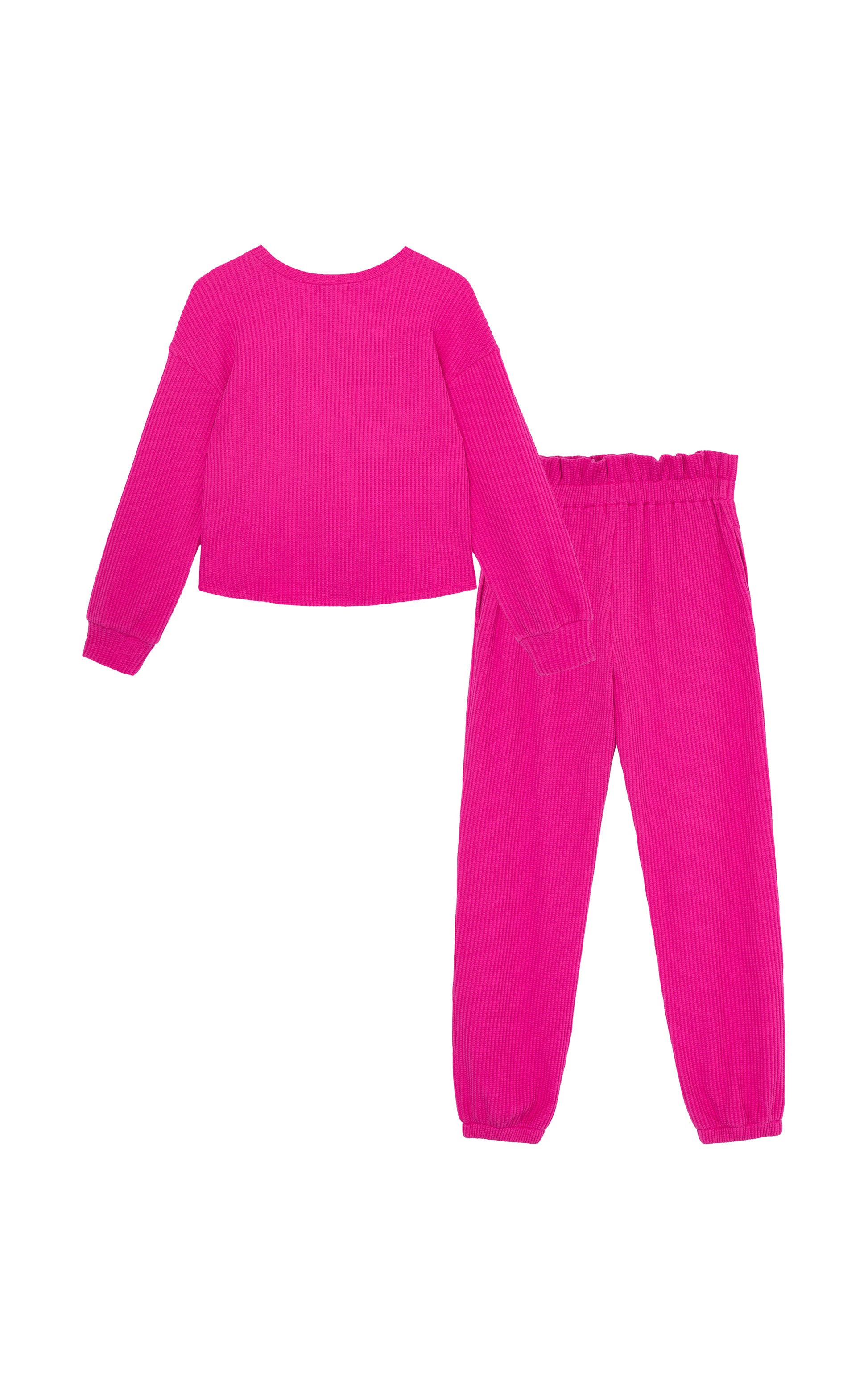 BACK OF MAGENTA WAFFLE KNIT SWEATER WITH KNOT TWIST IN FRONT AND MATCHING SWEATPANTS