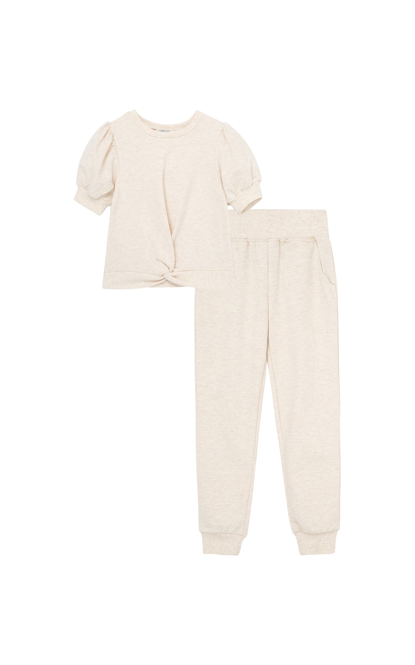Light beige short sleeve sweatshirt knotted at waist with matching sweatpants