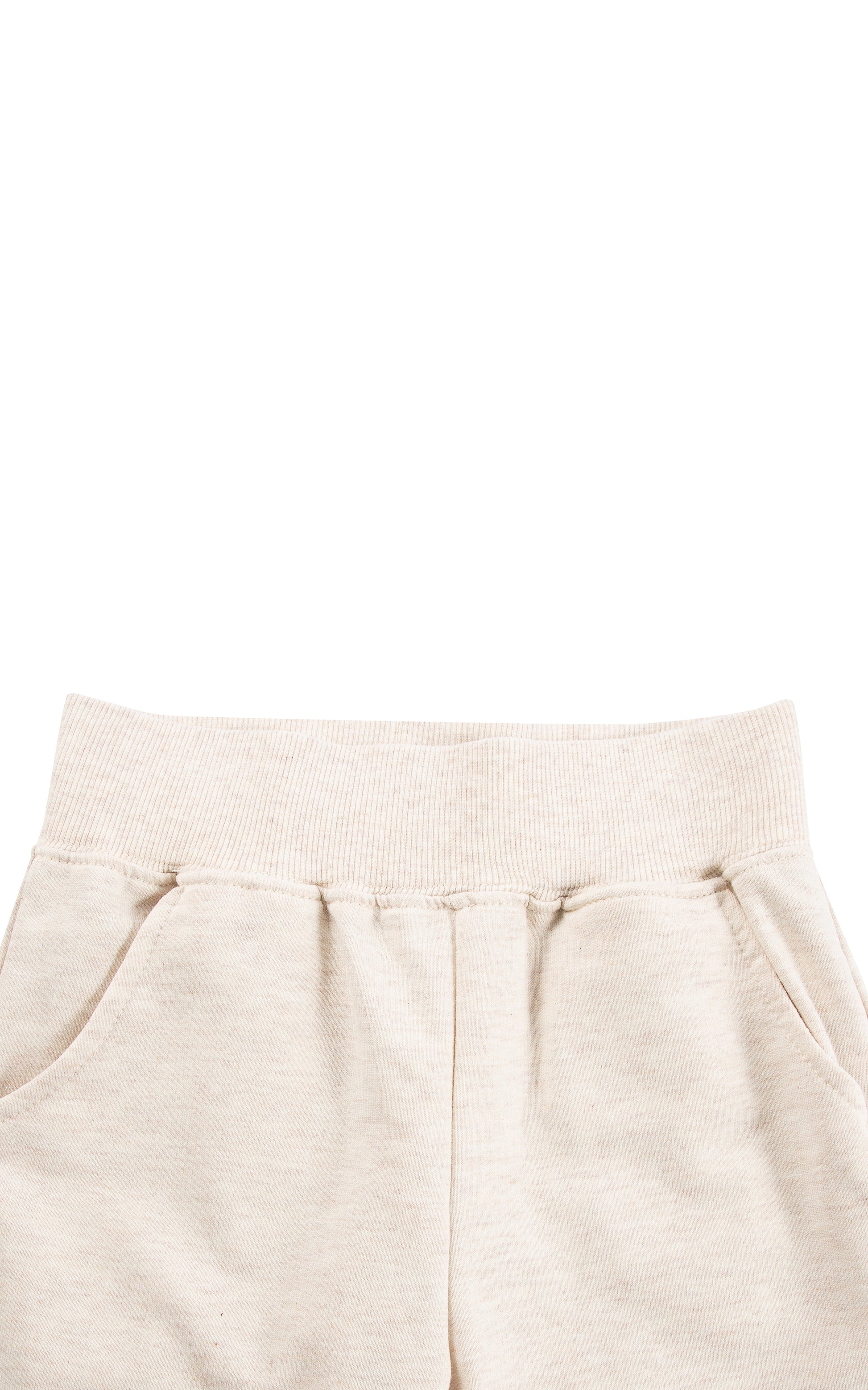 Close up of light beige sweatpants with wide elastic ribbed waistband