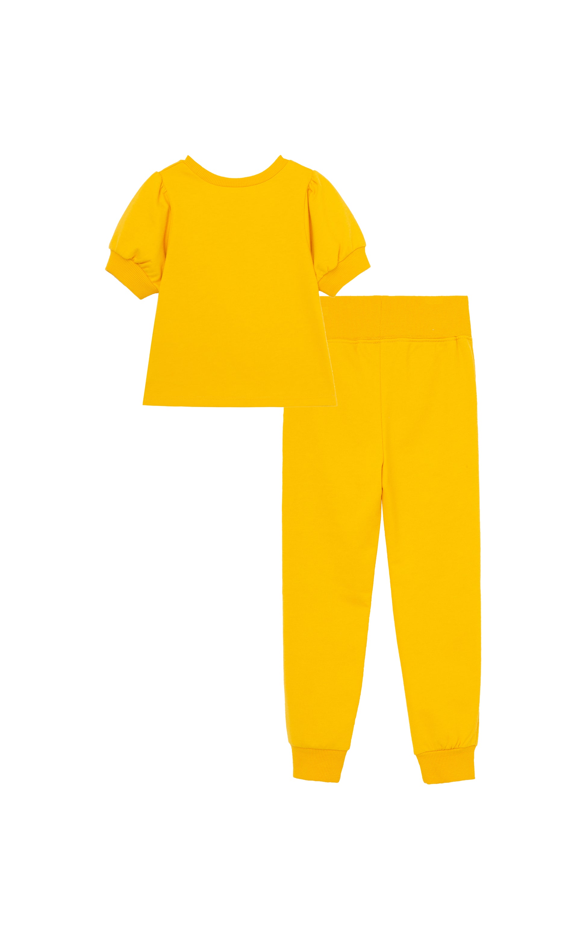 Back view of bright yellow short sleeve sweatshirt knotted at waist with matching sweatpants