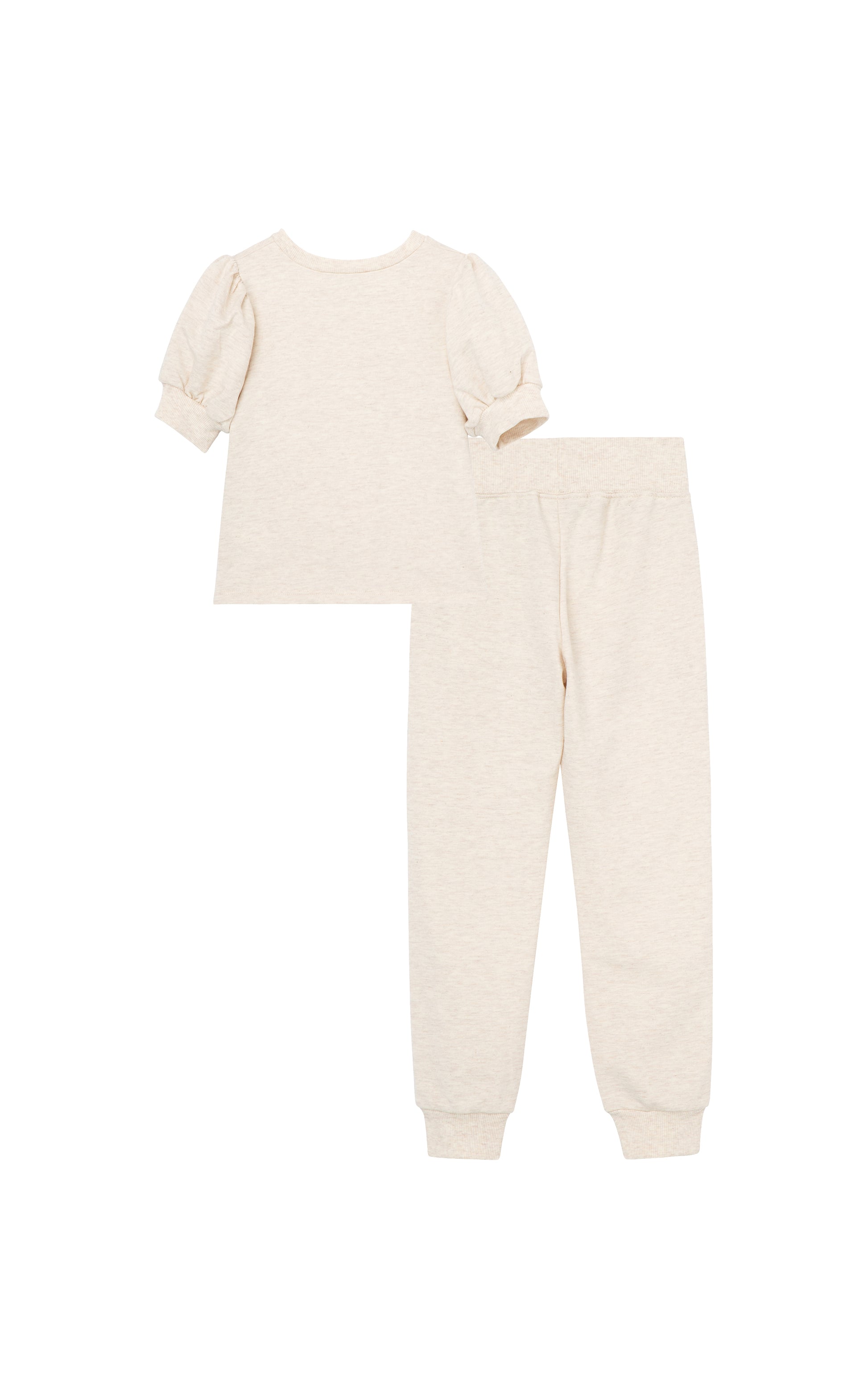 BACK VIEW OF LIGHT BEIGE SHORT SLEEVE SWEATSHIRT KNOTTED AT WAIST WITH MATCHING SWEATPANTS