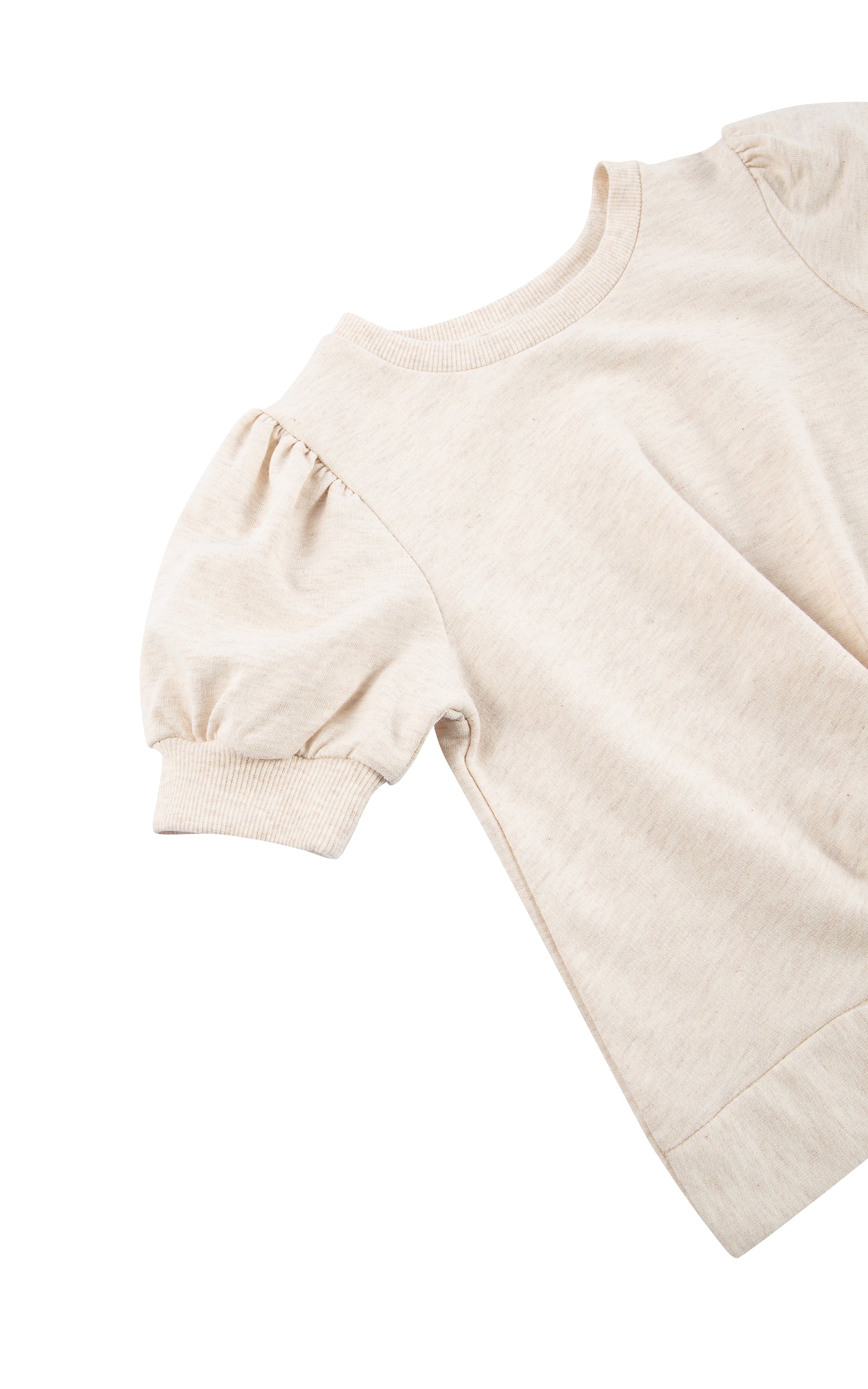 CLOSE UP OF LIGHT BEIGE SHORT PUFF SLEEVE SWEATSHIRT