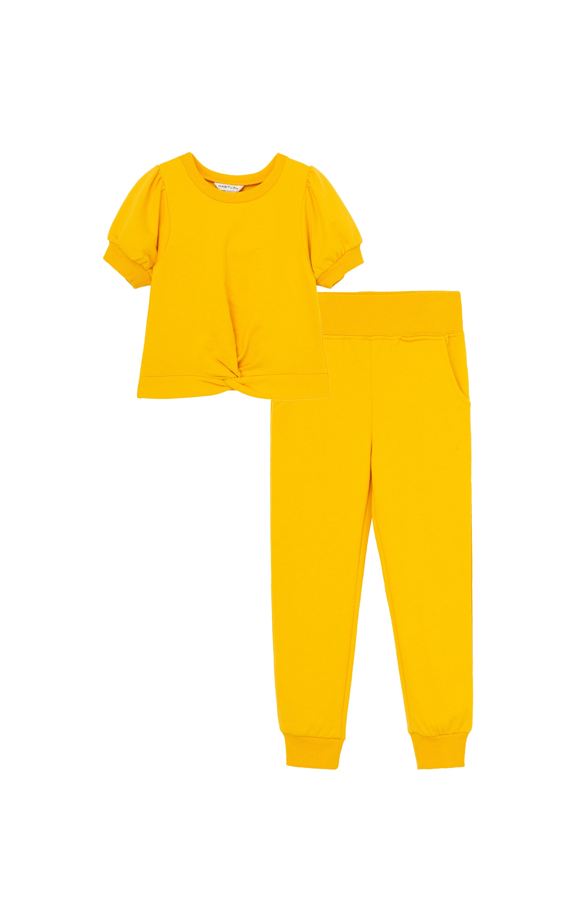 Bright yellow short sleeve sweatshirt knotted at waist with matching sweatpants