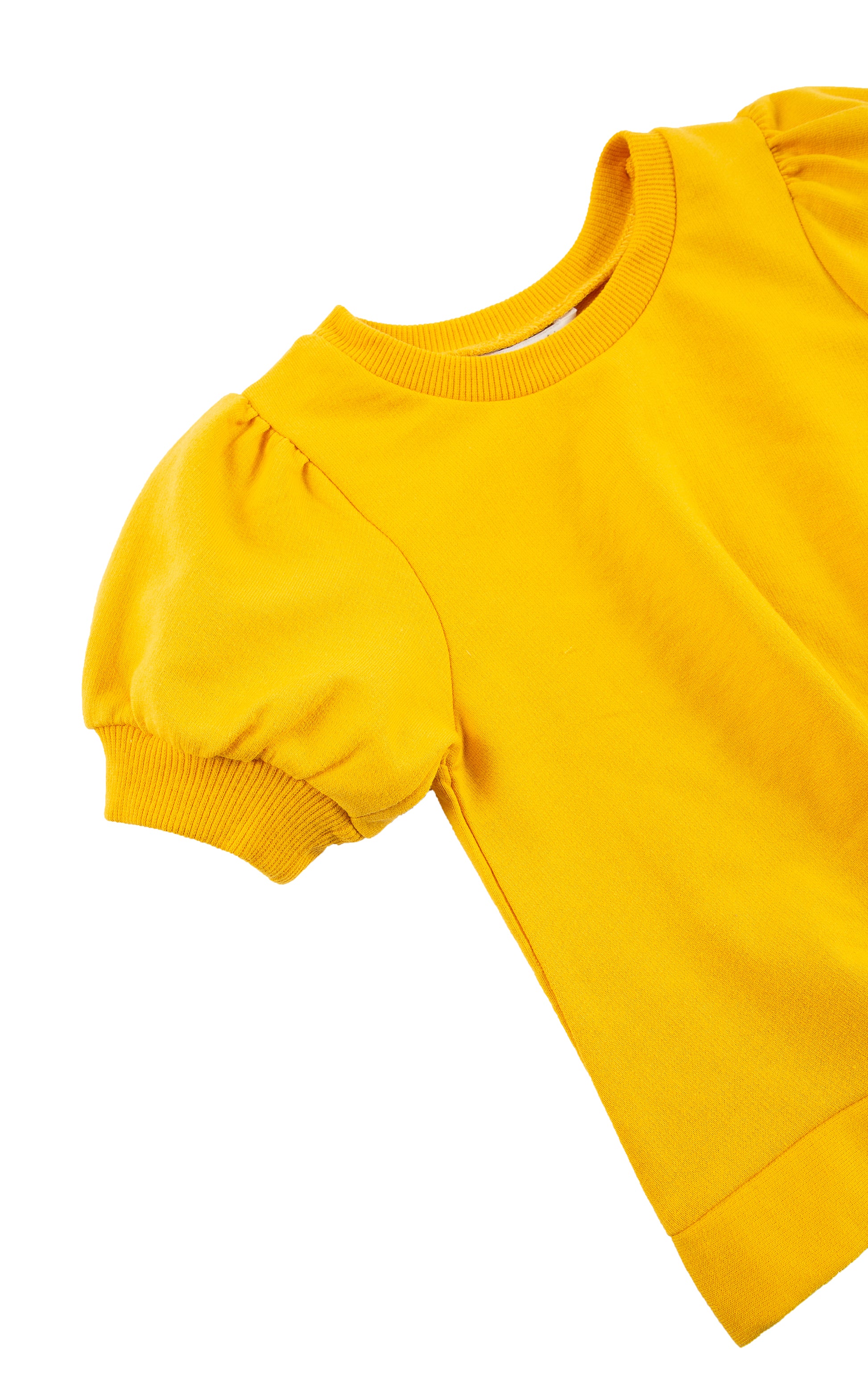 Close up of bright yellow short puff sleeve sweatshirt