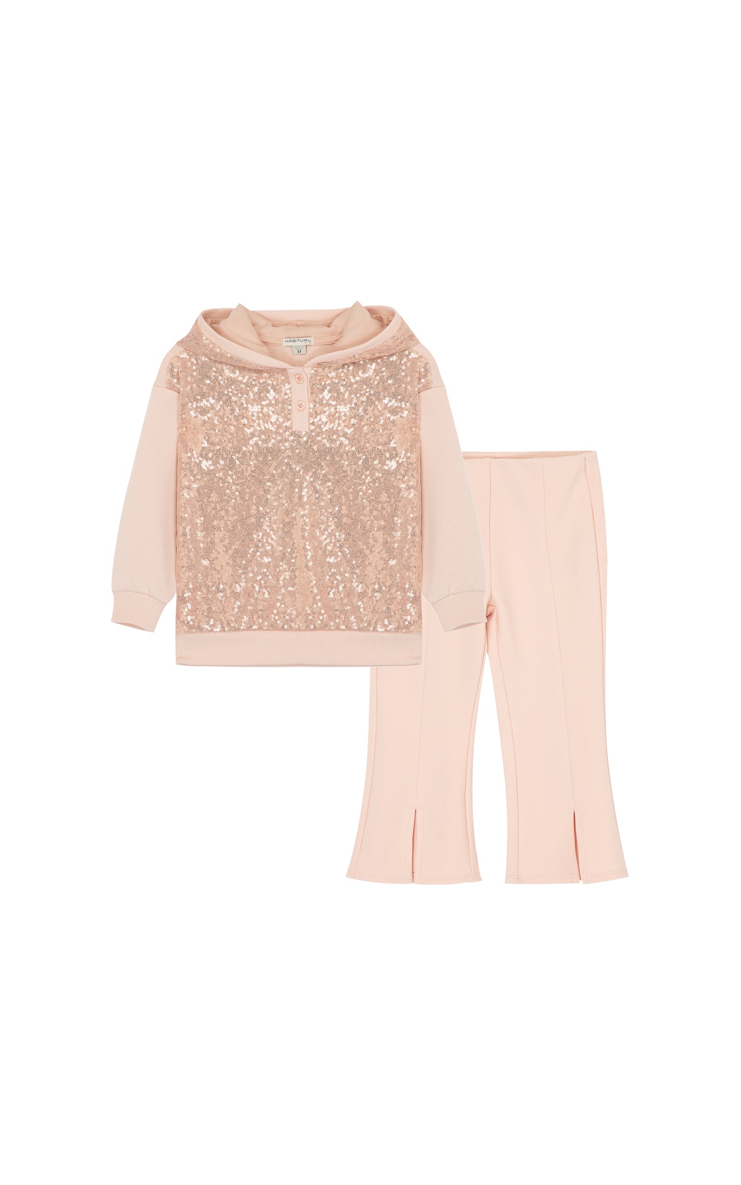 Front view of pink sequin hoodie and ponte pant set