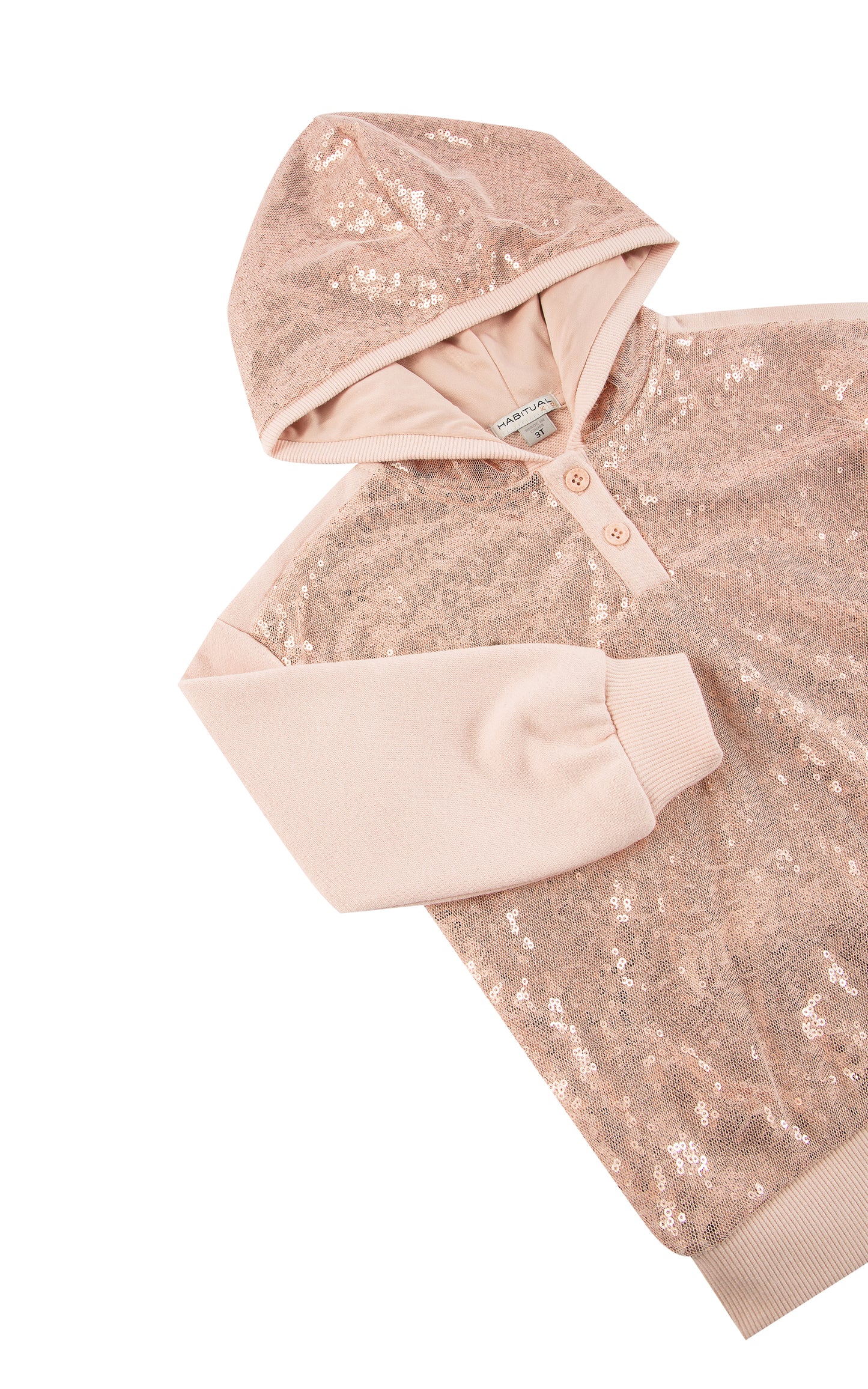 Detail view of pink sequin hoodie