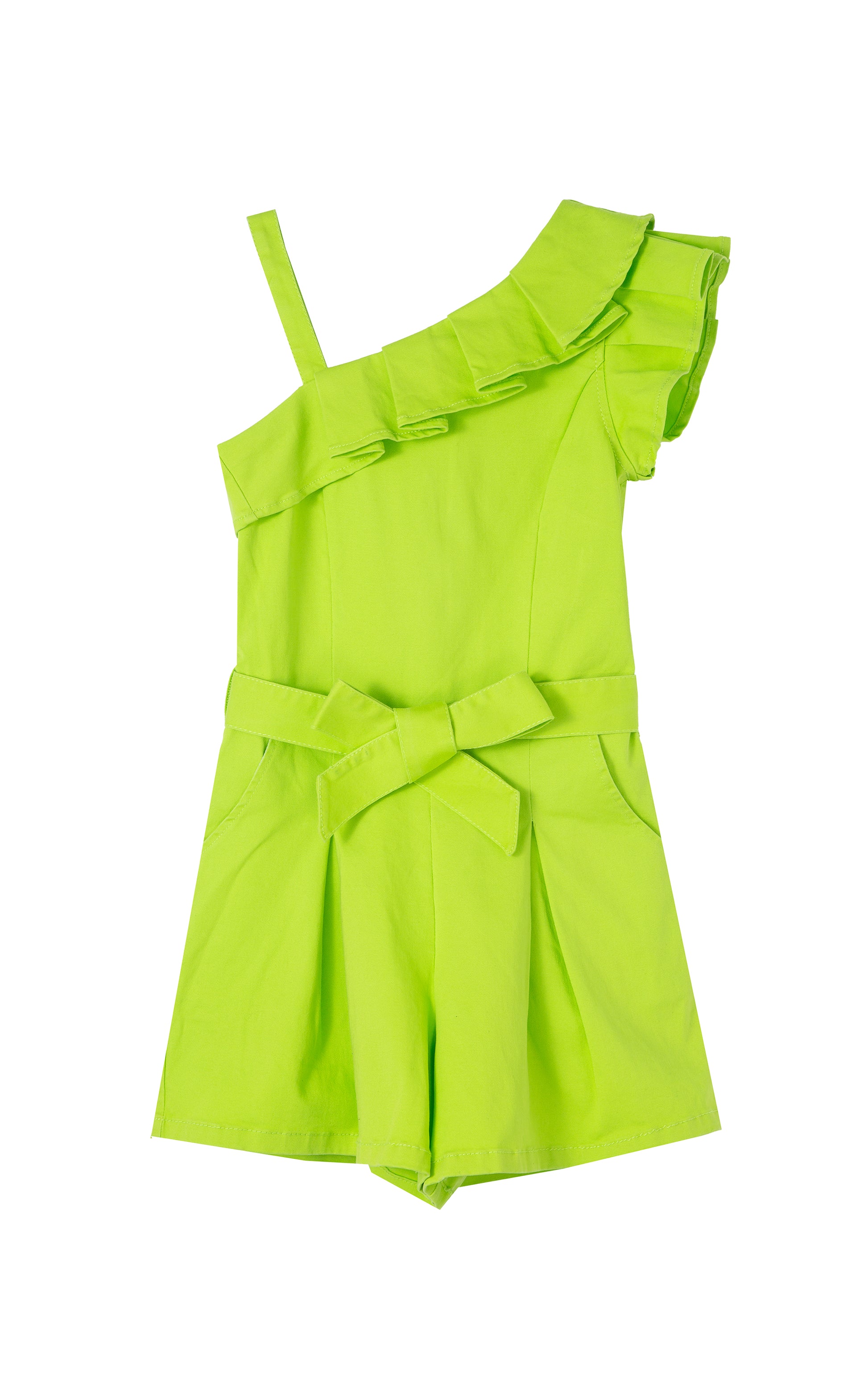 Front view of lime green one shoulder ruffle romper 