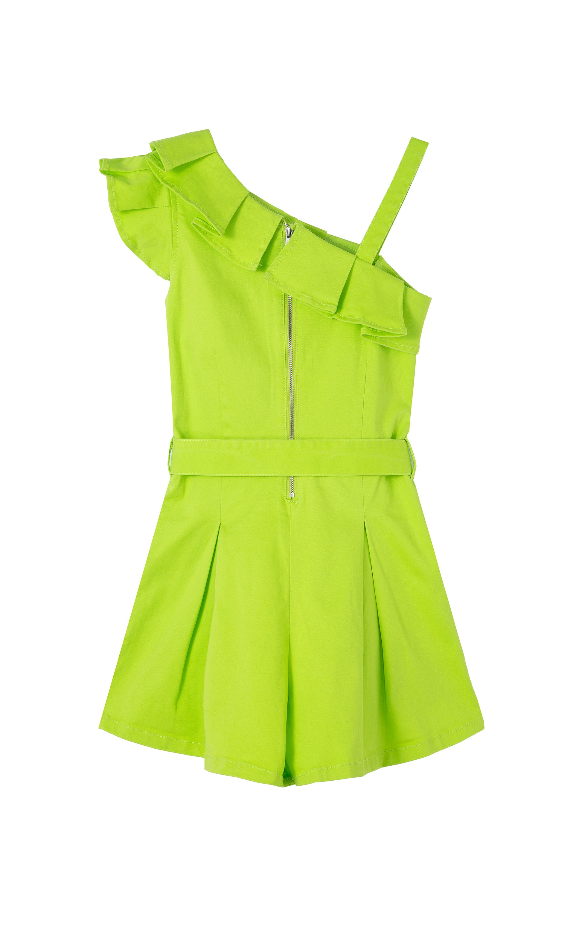 Back view of lime green one shoulder ruffle romper 