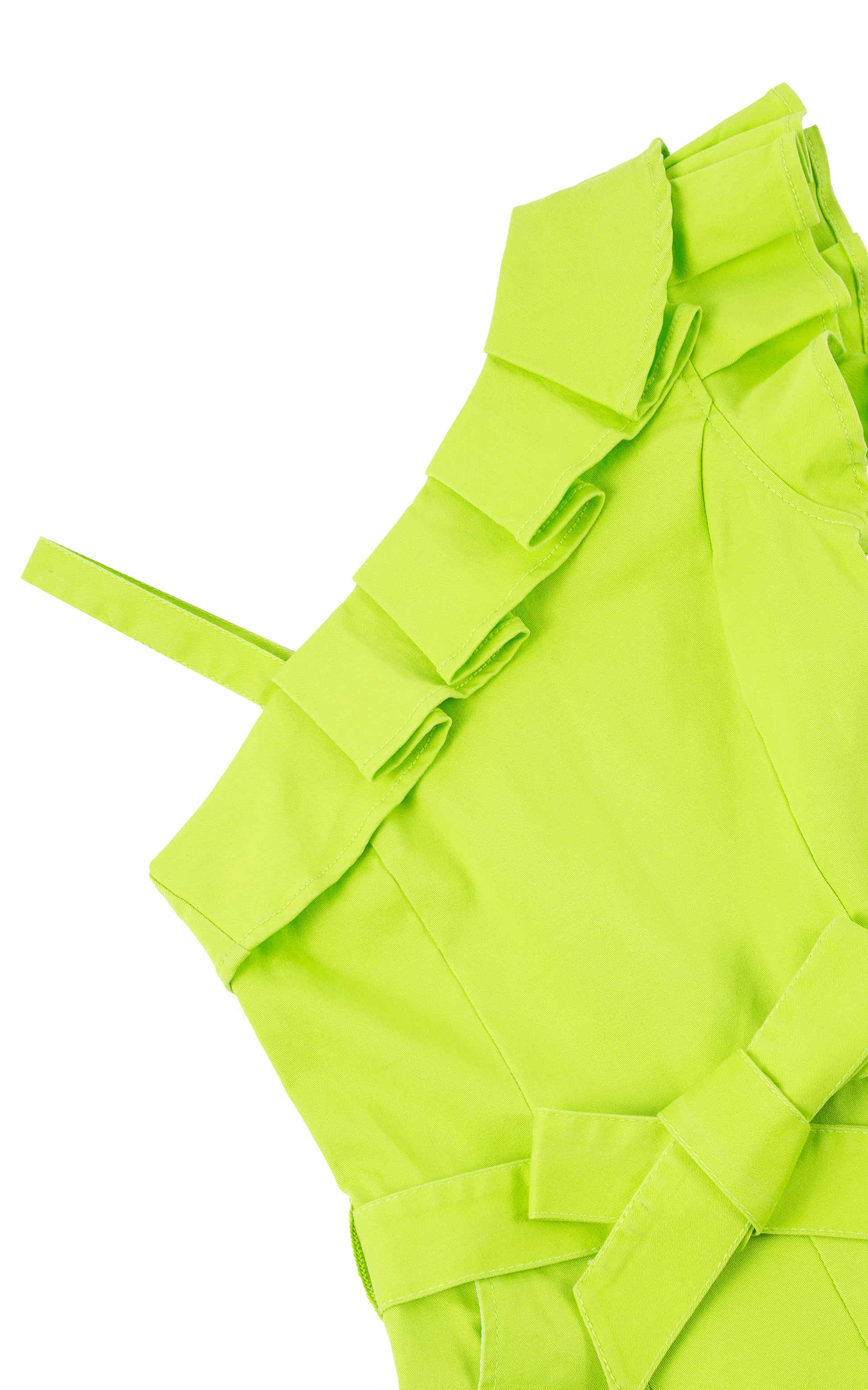 Close up view of lime green one shoulder ruffle romper 