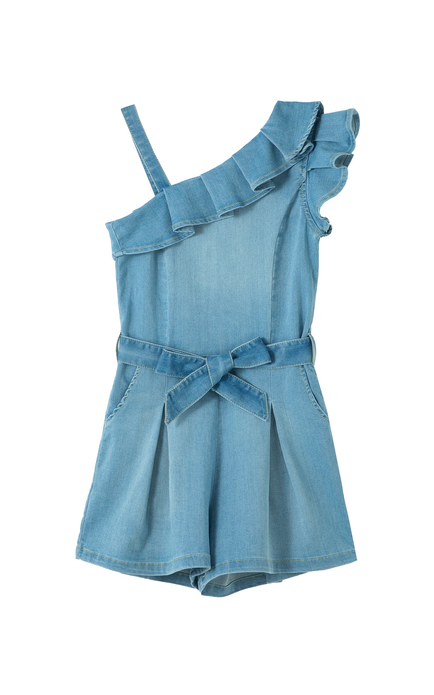 Front view of denim one shoulder ruffle romper with a belt 