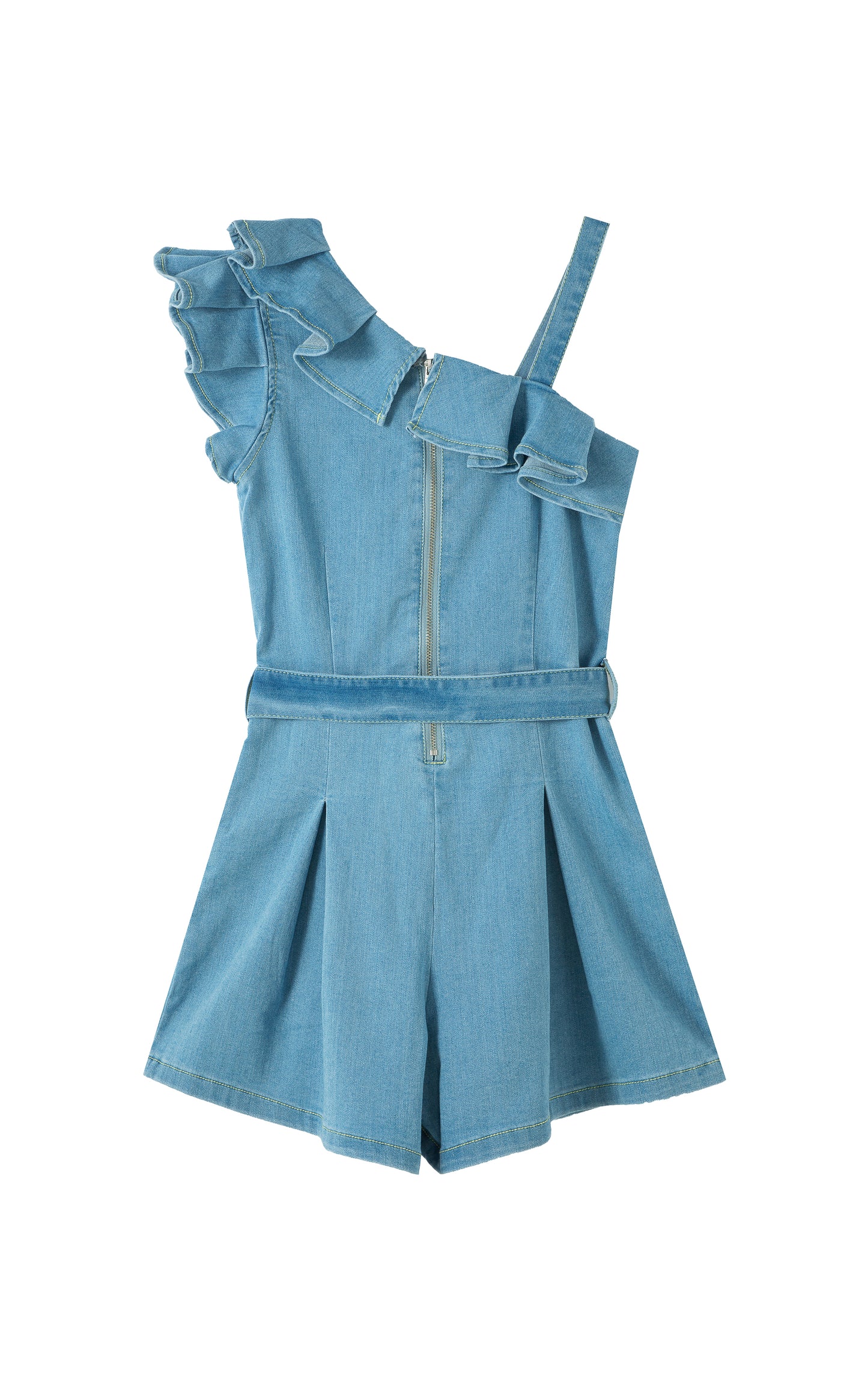Back view of denim one shoulder ruffle romper with a belt 