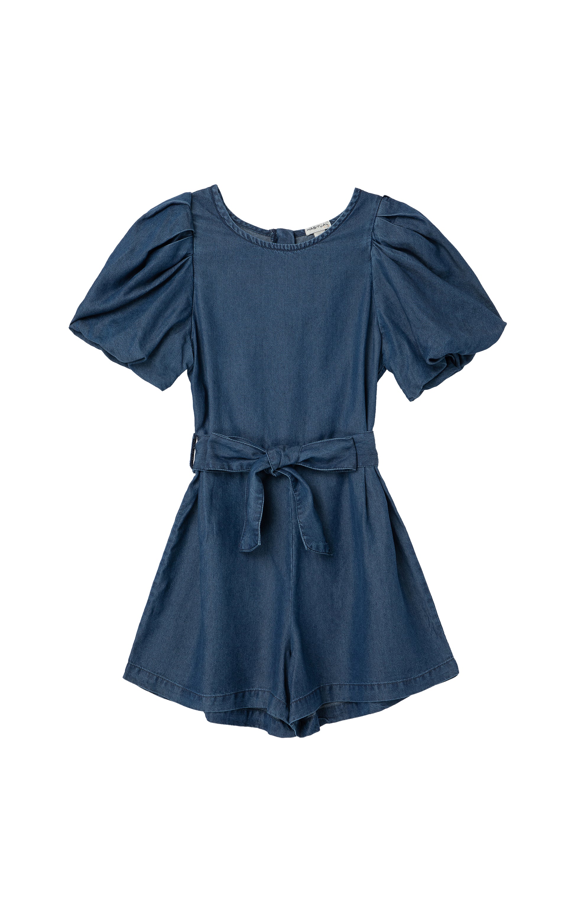 Denim exaggerated sleeve romper with ties