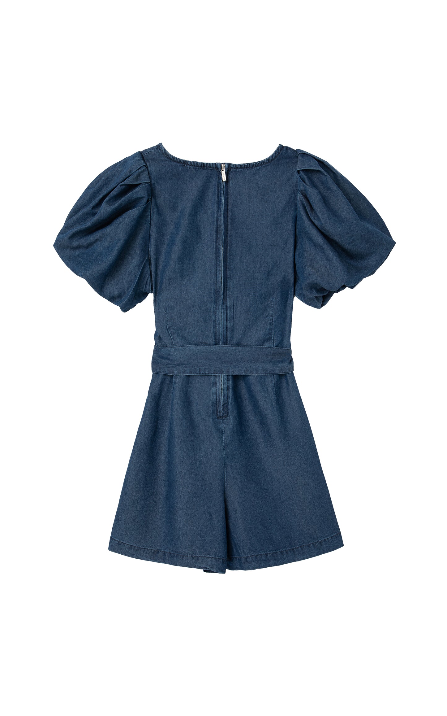 Back of denim exaggerated sleeve romper with ties