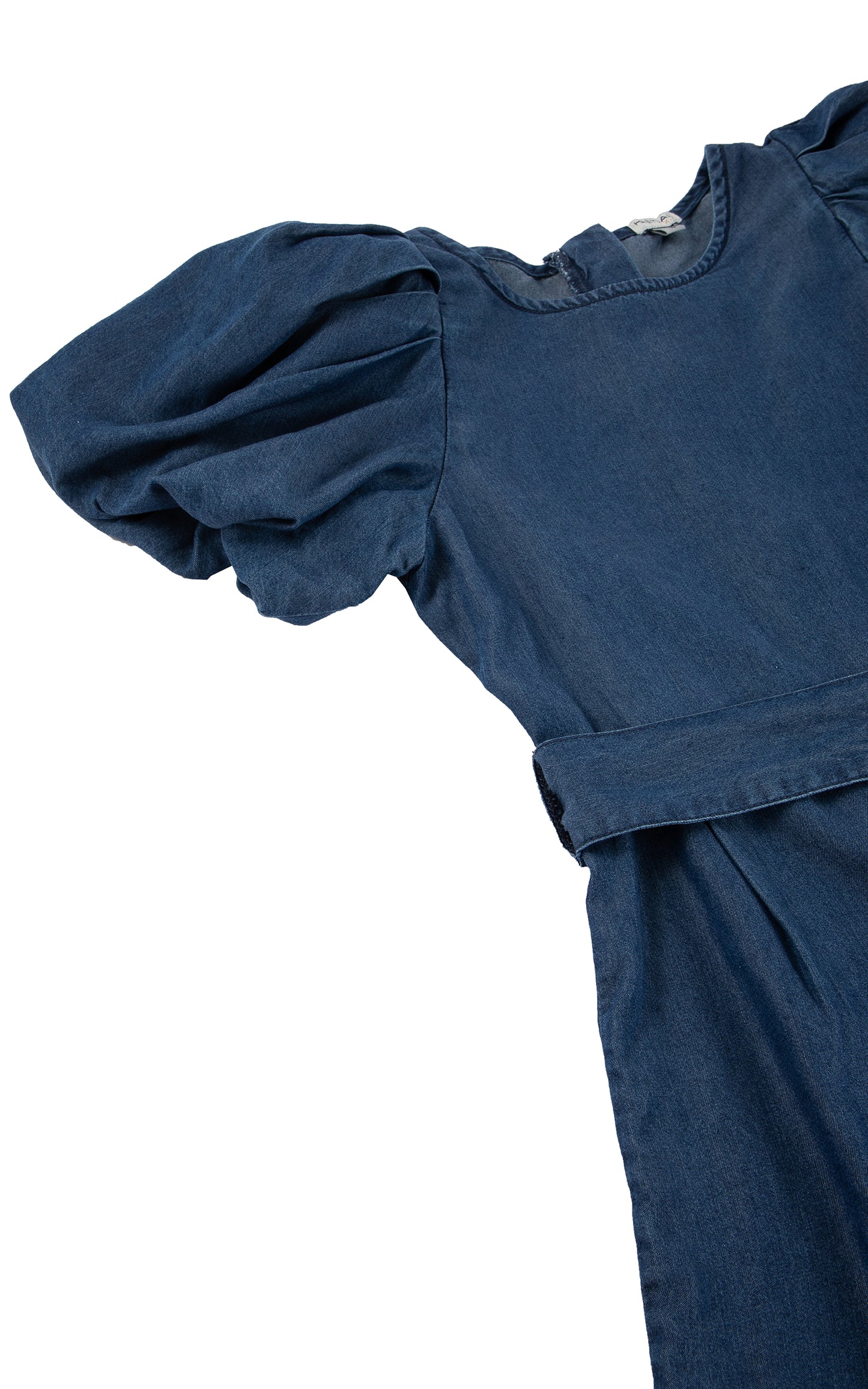 Close up of denim exaggerated sleeve romper with ties