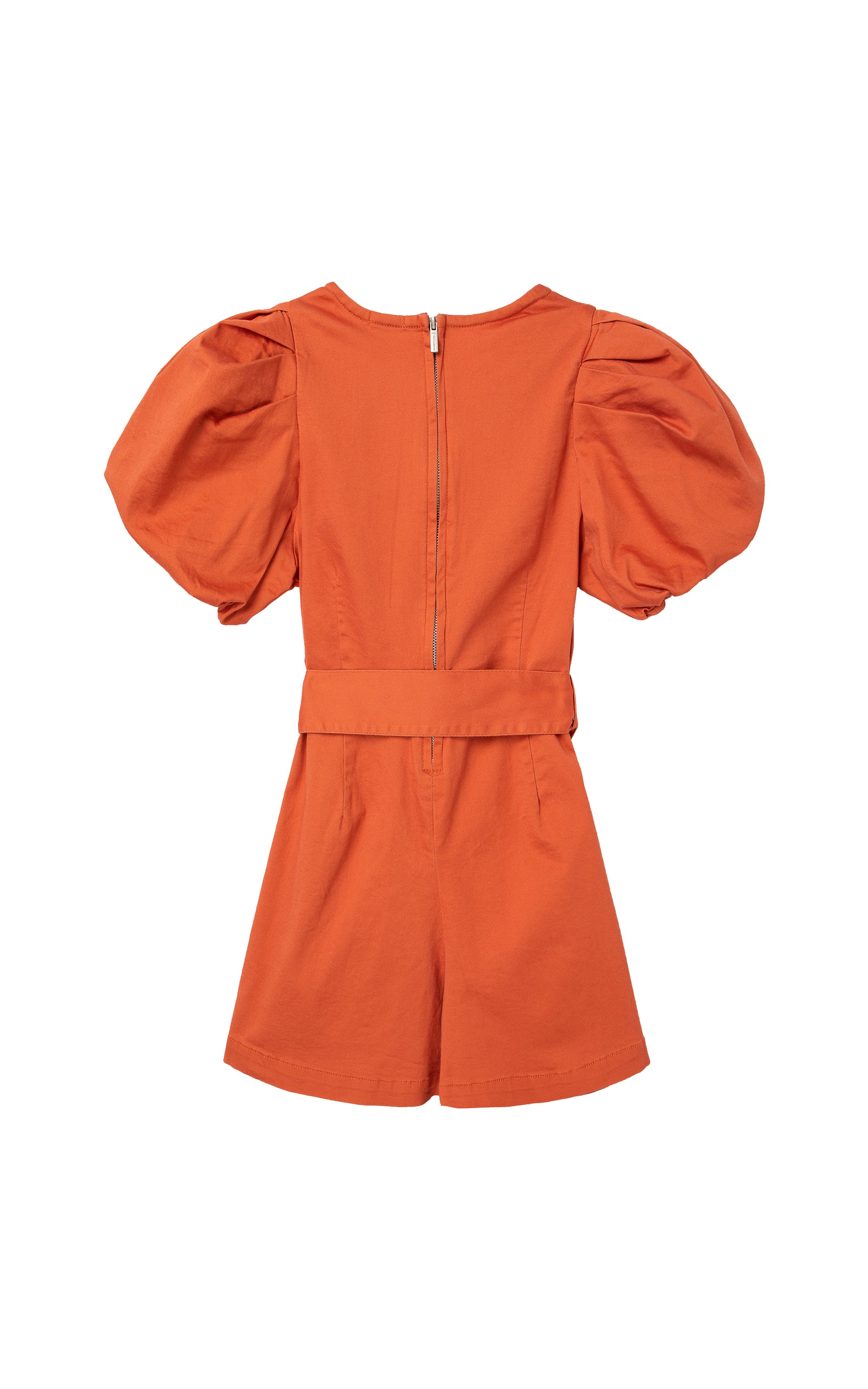 Back of rust exaggerated sleeve romper with ties