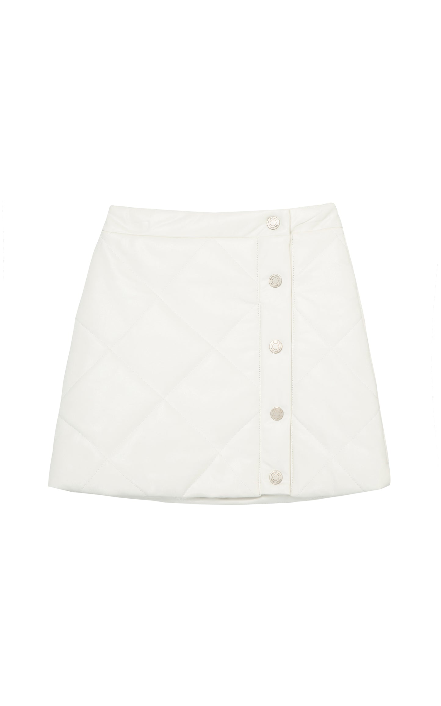 Front view of an off-white quilted faux leather skirt with snaps