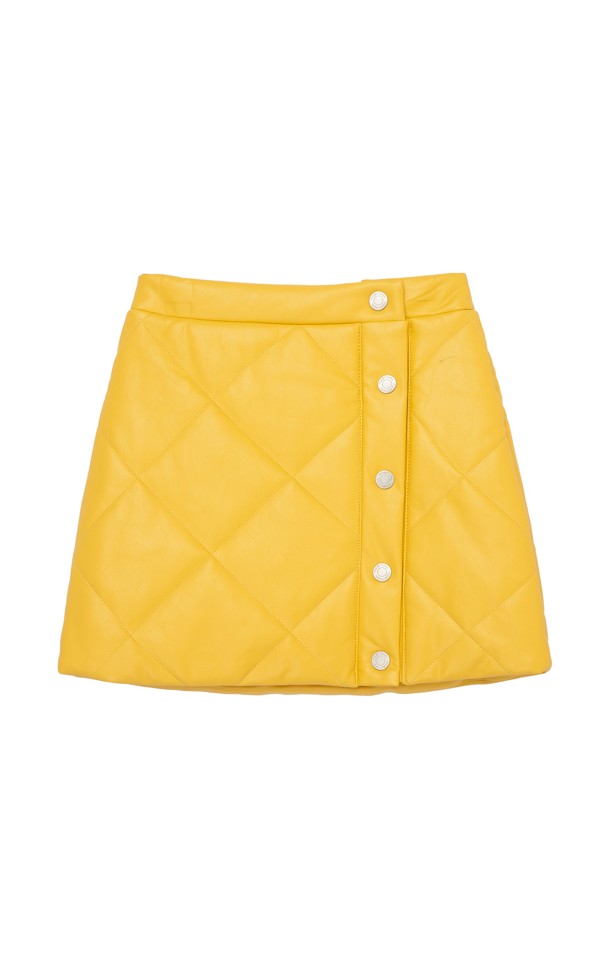 Front view of a gold quilted faux leather skirt with snaps