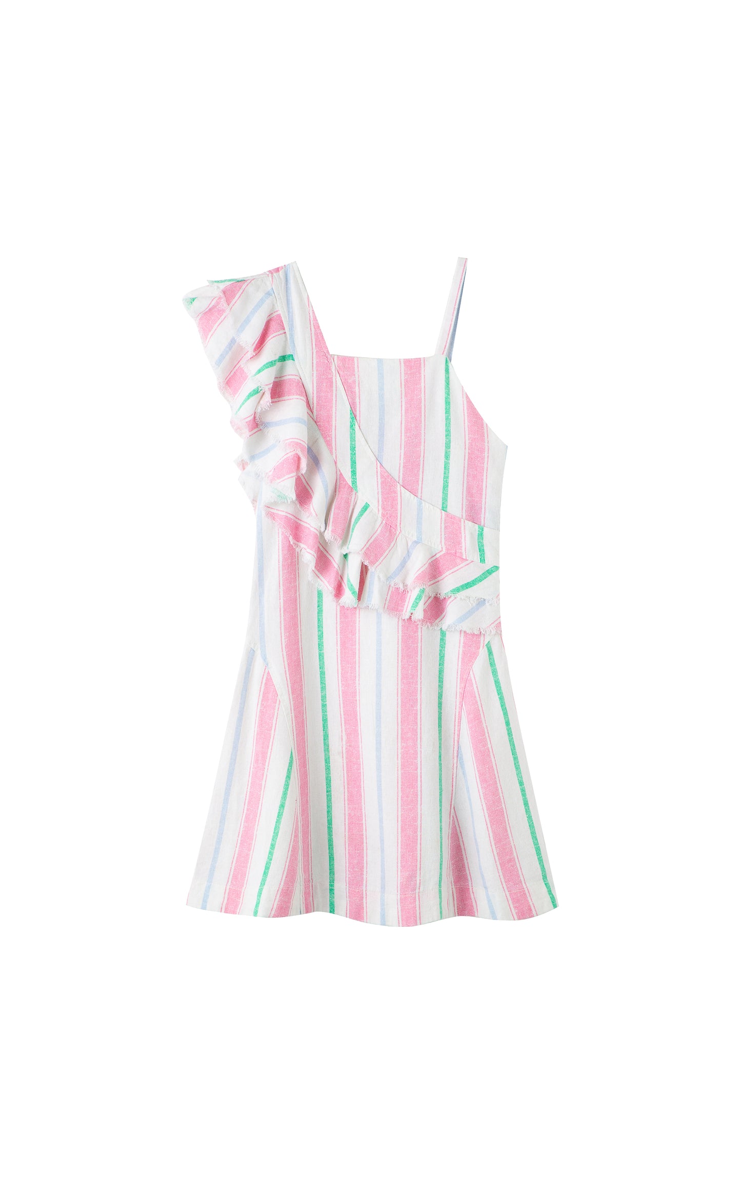 Pink, green and white striped one shoulder asymmetrical ruffle dress.