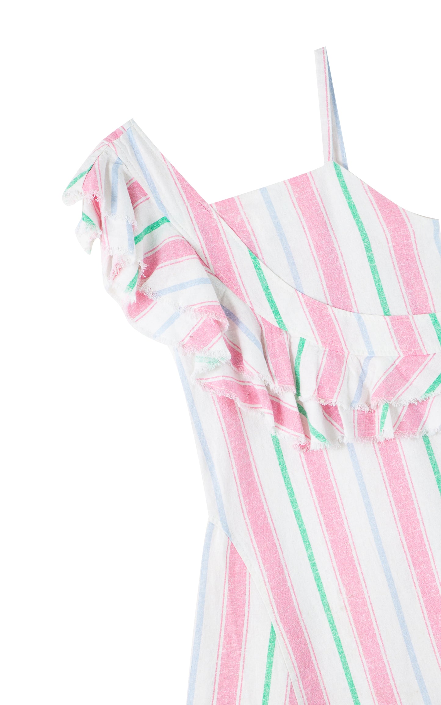 Close up of shoulder with asymmetrical ruffle on pink, green and white striped dress. 