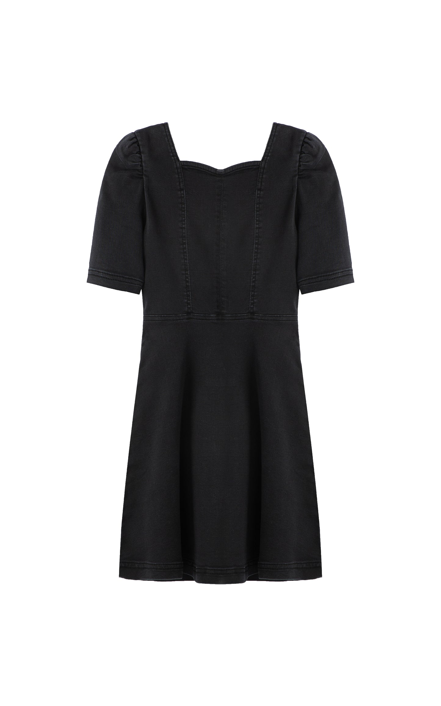 Front view of black denim dress with a sweetheart neckline 