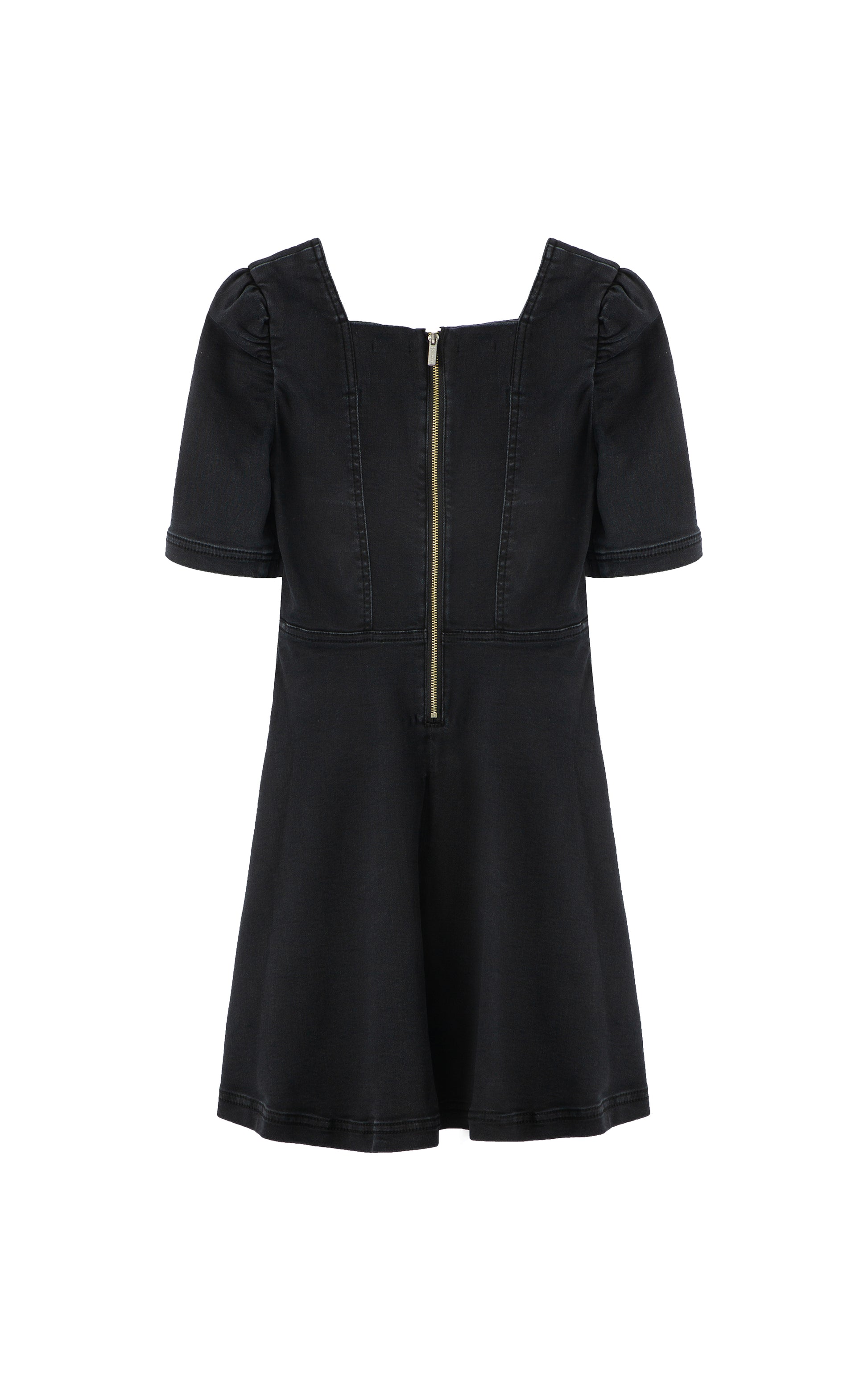Back view of black denim dress with a sweetheart neckline 