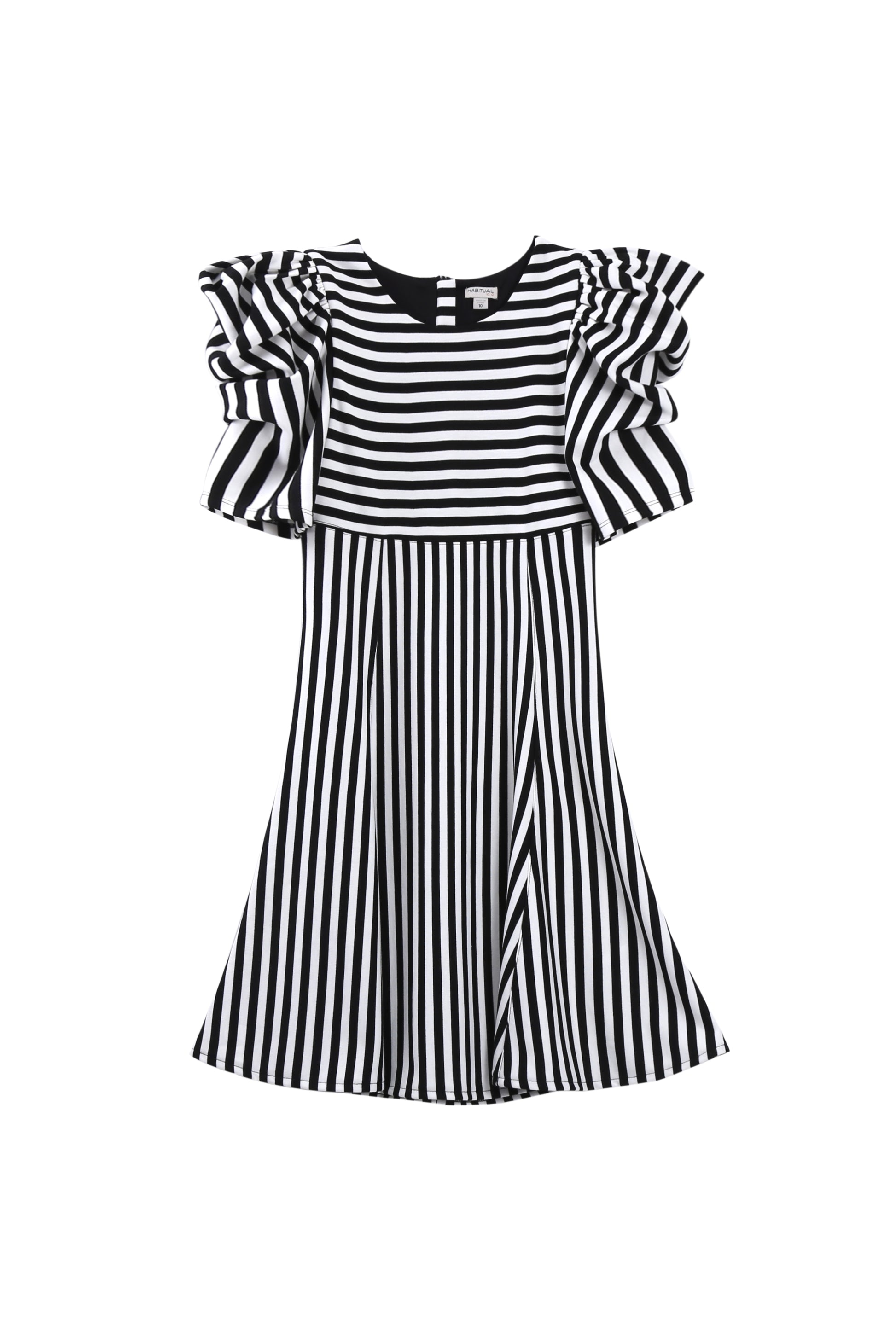 BLACK AND WHITE STRIPED SHORT-PUFF-SLEEVE STRIPED DRESS