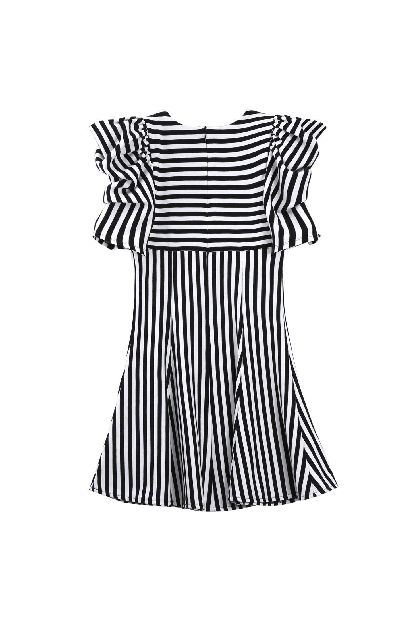 BACK OF BLACK AND WHITE STRIPED SHORT-PUFF-SLEEVE STRIPED DRESS