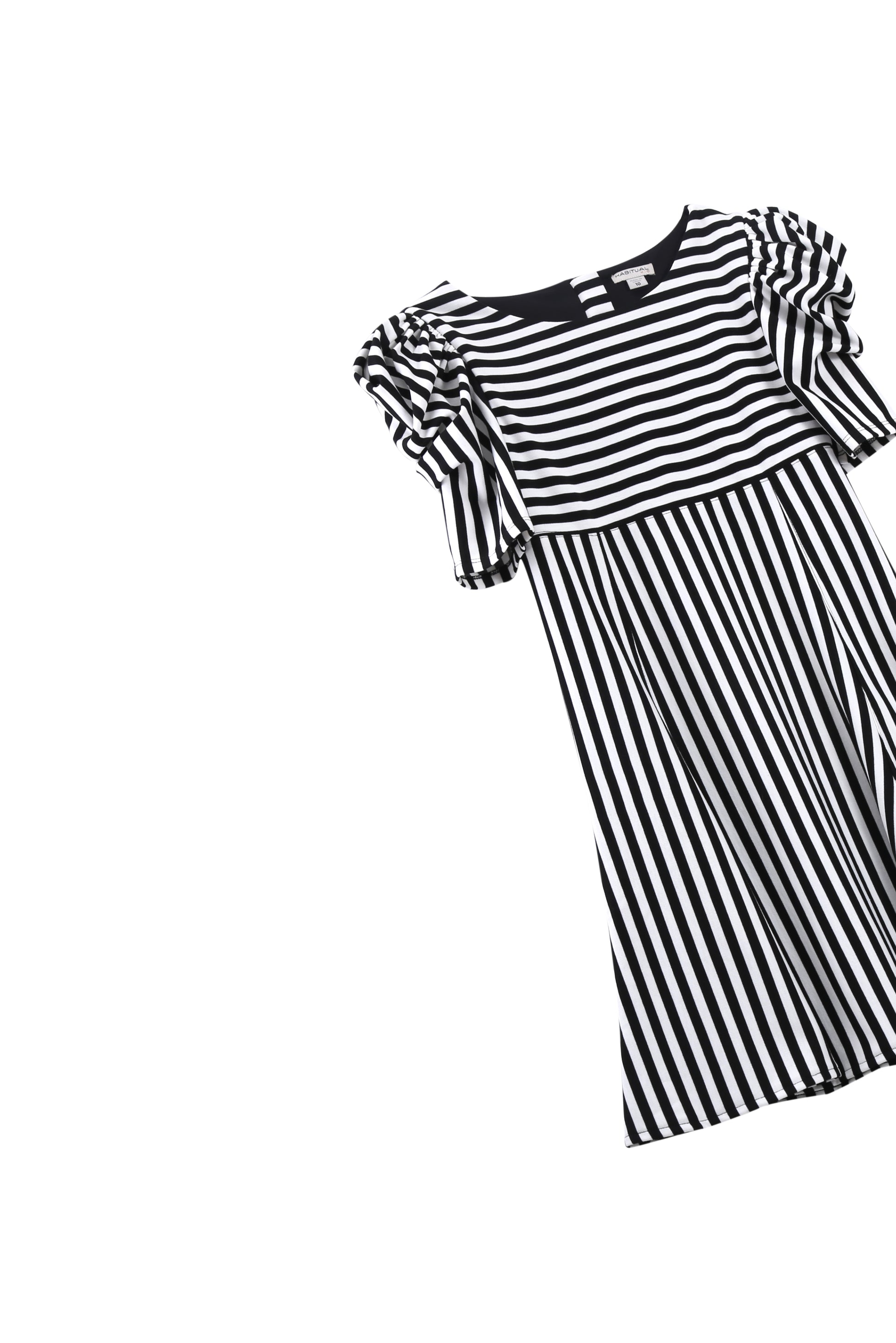 FLAT LAY OF BLACK AND WHITE STRIPED SHORT-PUFF-SLEEVE STRIPED DRESS