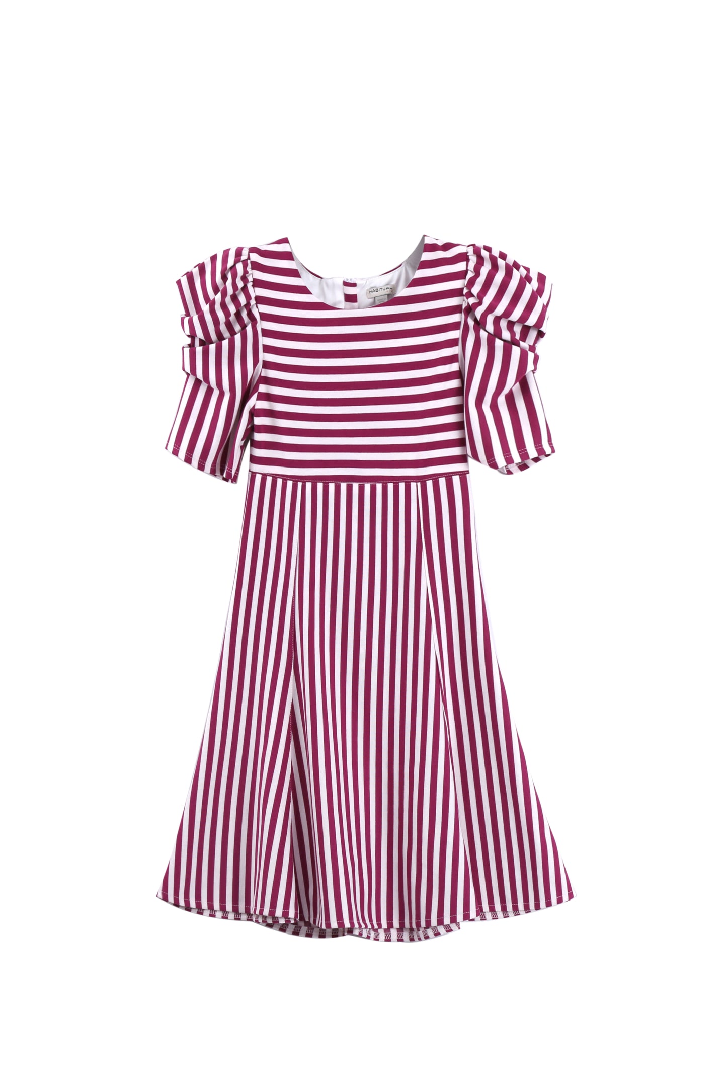 RED AND WHITE STRIPED PONTE DRESS WITH SHORT-PUFF SLEEVES