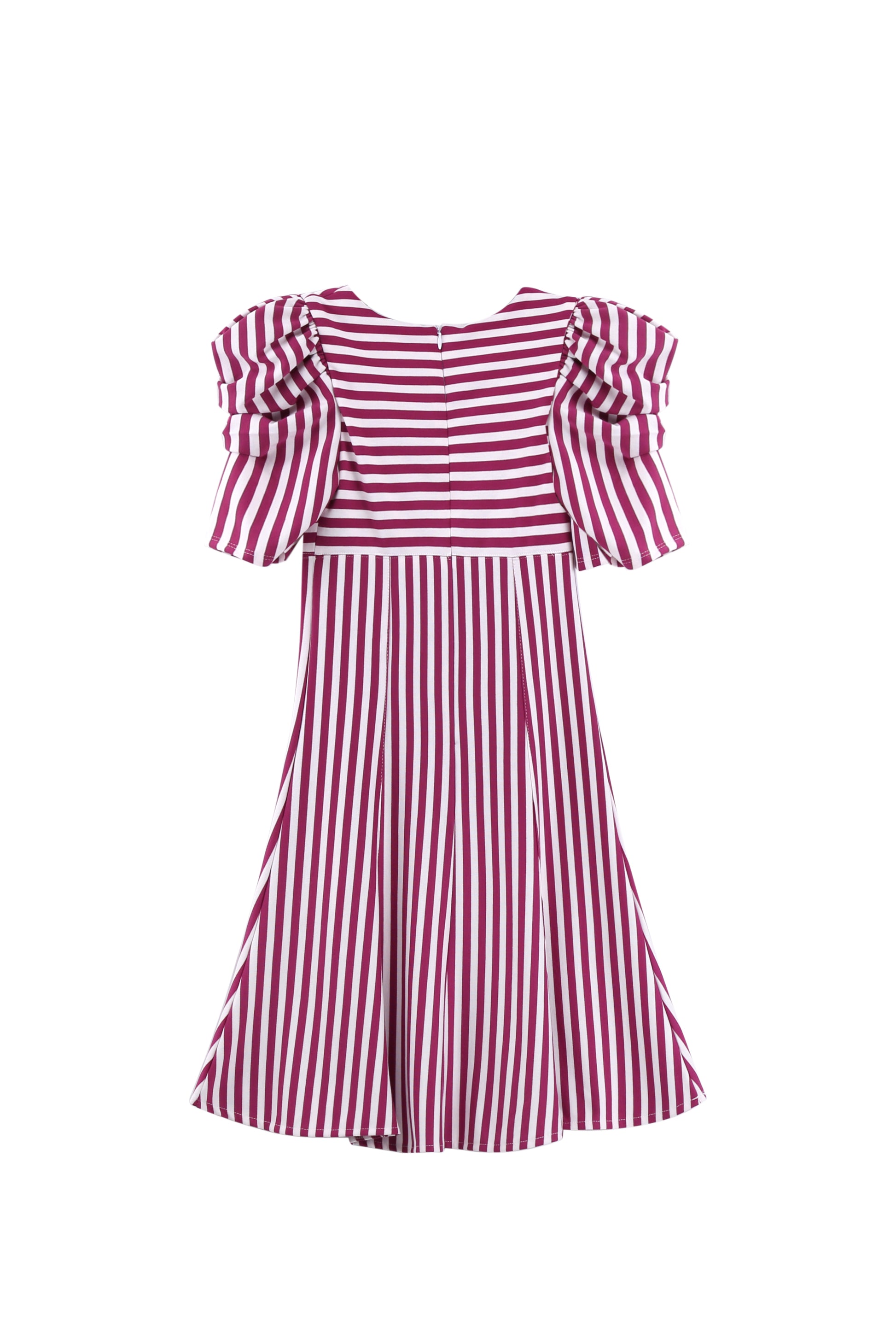BACK OF RED AND WHITE STRIPED PONTE DRESS WITH SHORT-PUFF SLEEVES 