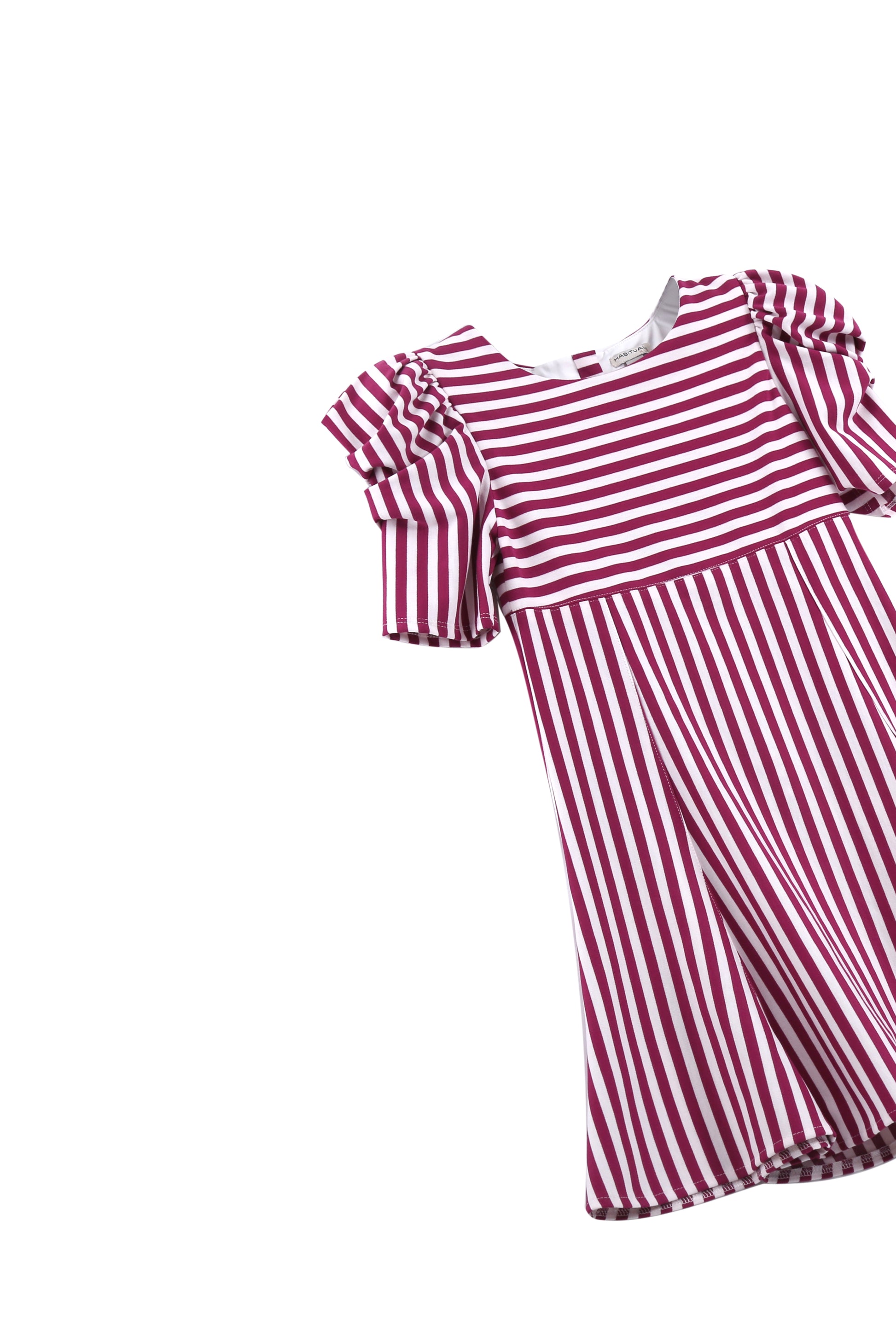 FLAT LAY OF RED AND WHITE STRIPED PONTE DRESS WITH SHORT-PUFF SLEEVES