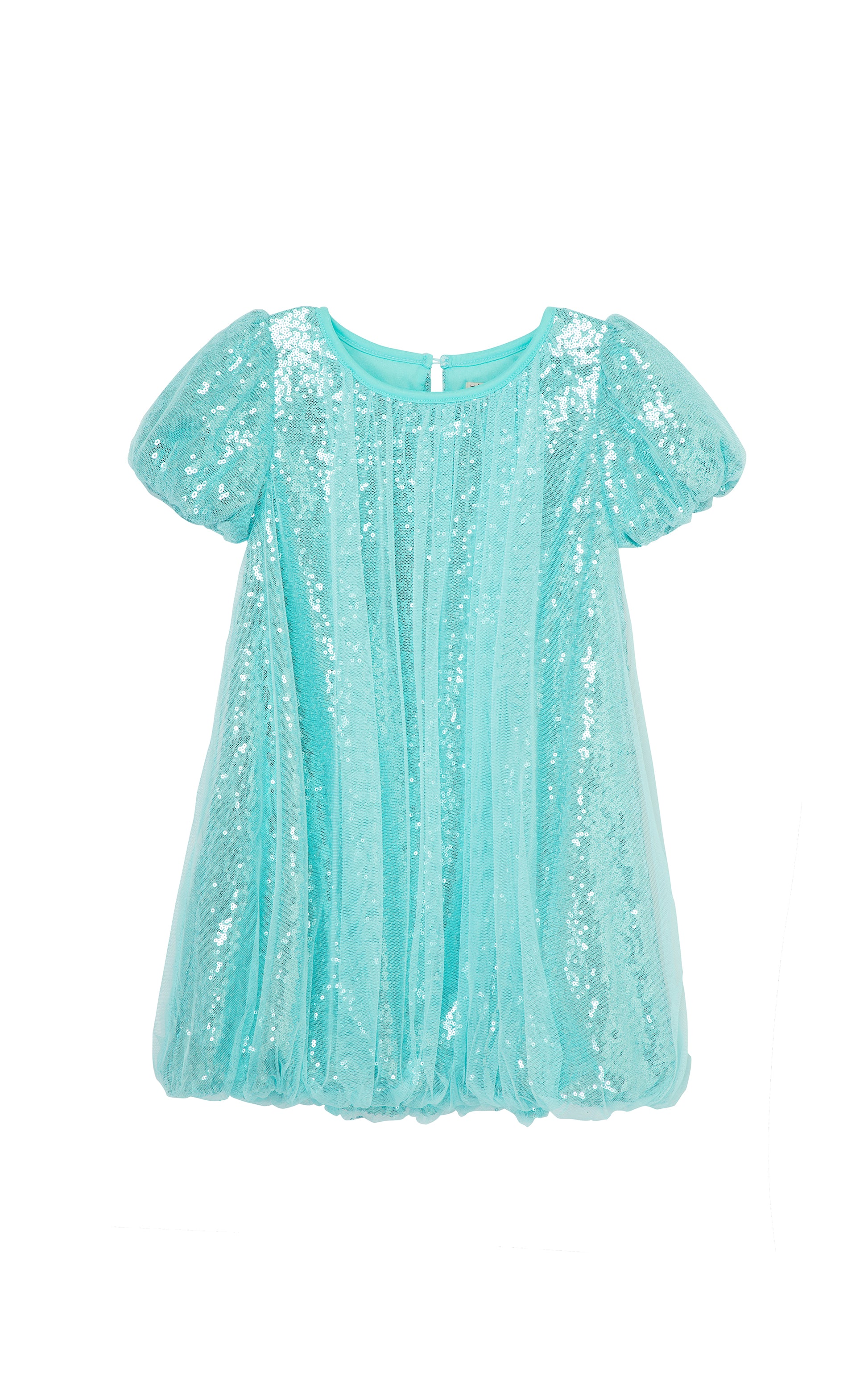 Front view of light blue sequin dress with bubble hem