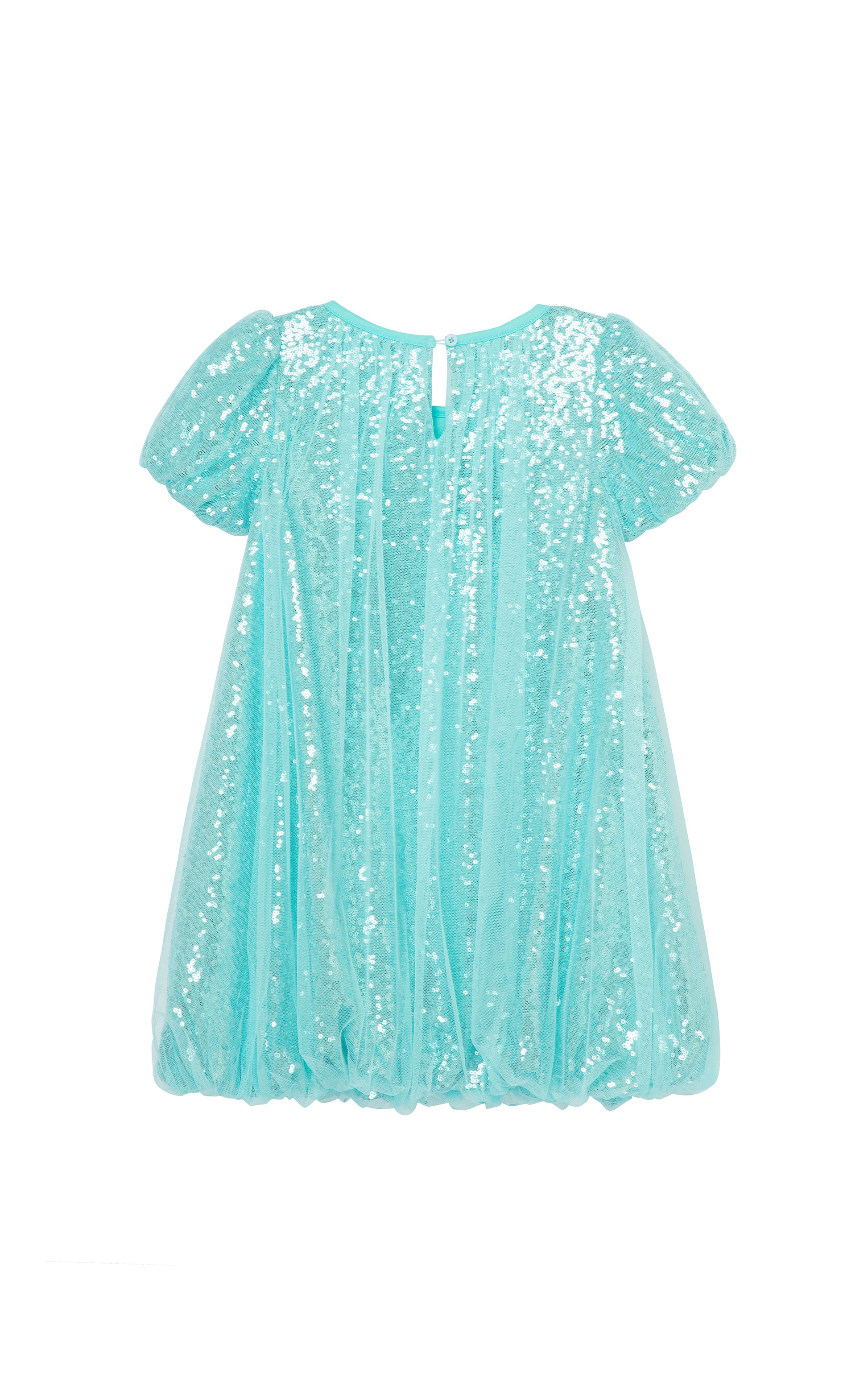Back view of light blue sequin dress with bubble hem
