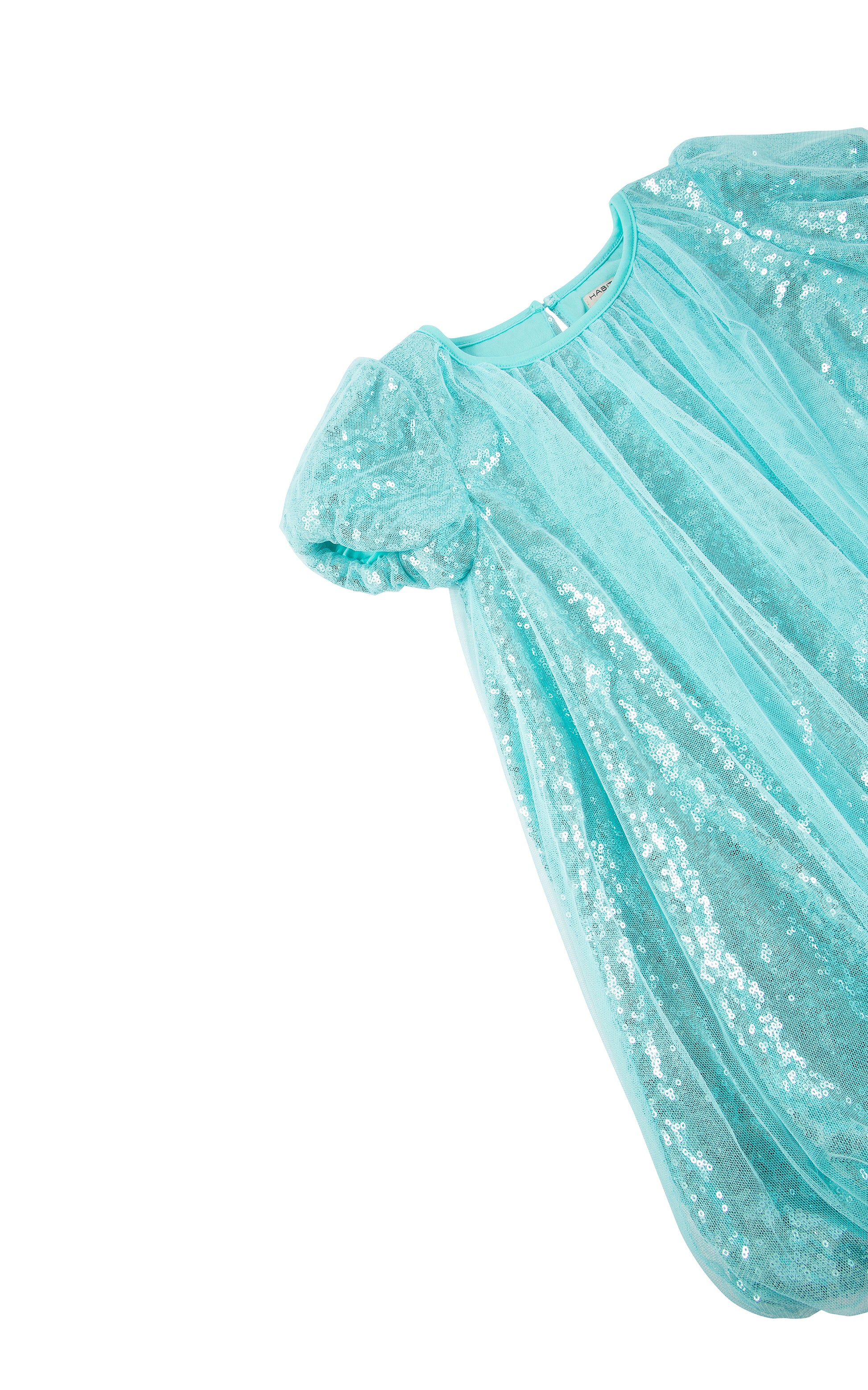 Close view of light blue sequin dress with bubble hem