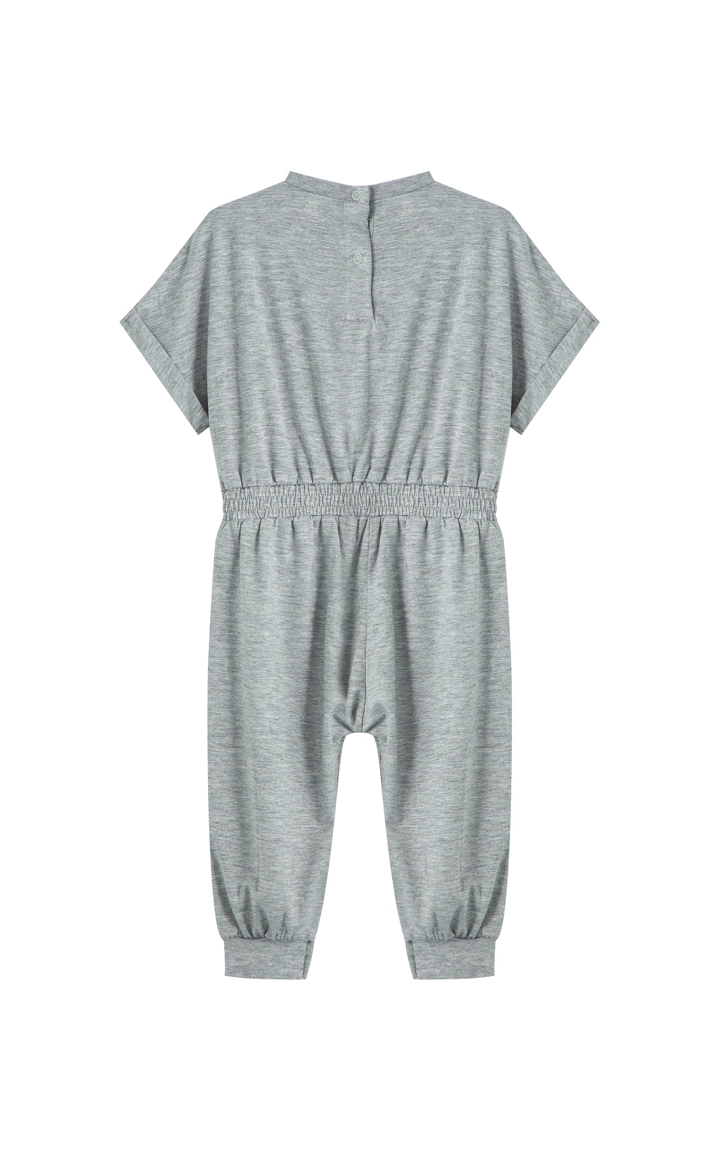 Back view of gray romper with folded cuff sleeves.