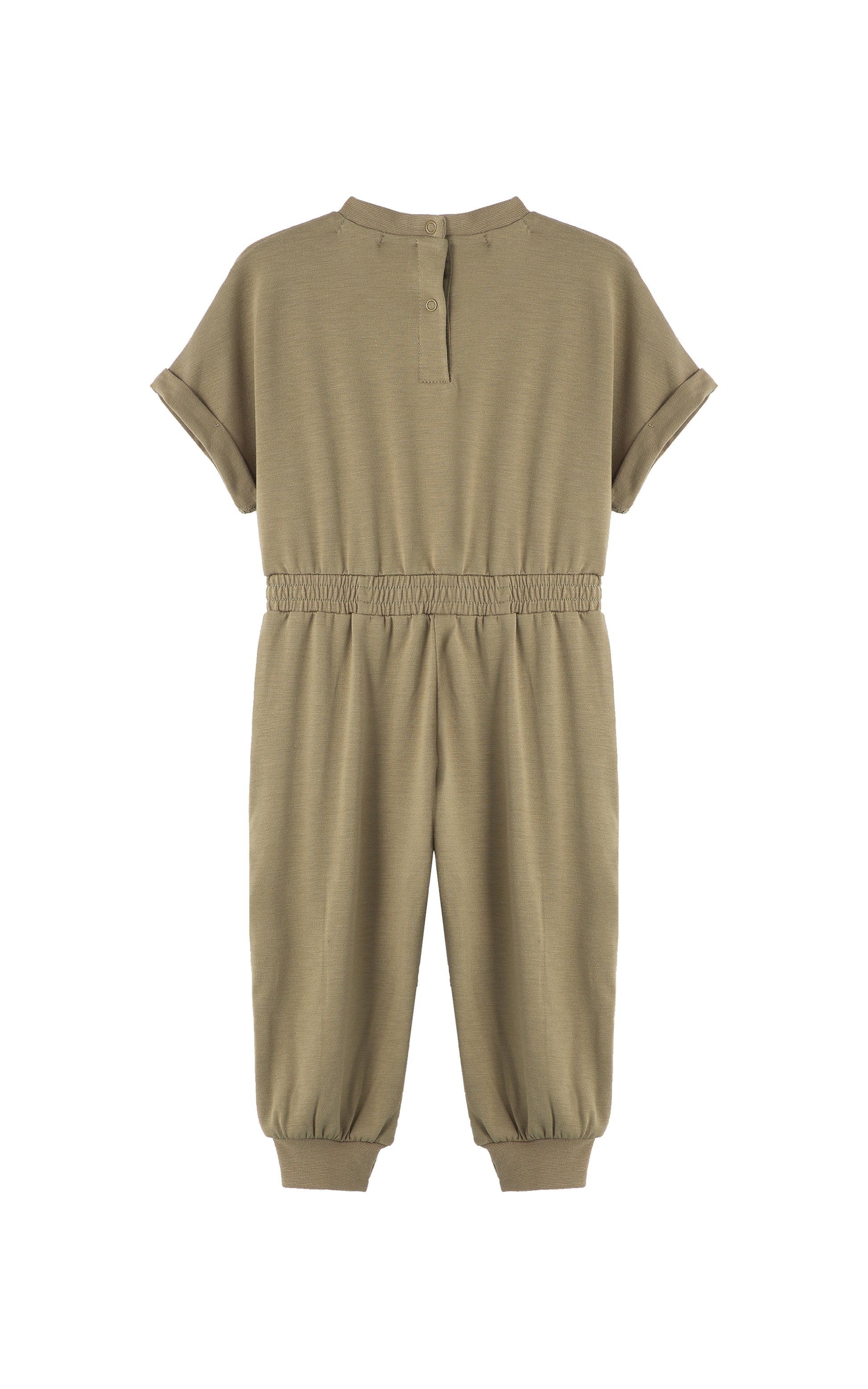 Back view of olive romper with folded cuff sleeves.