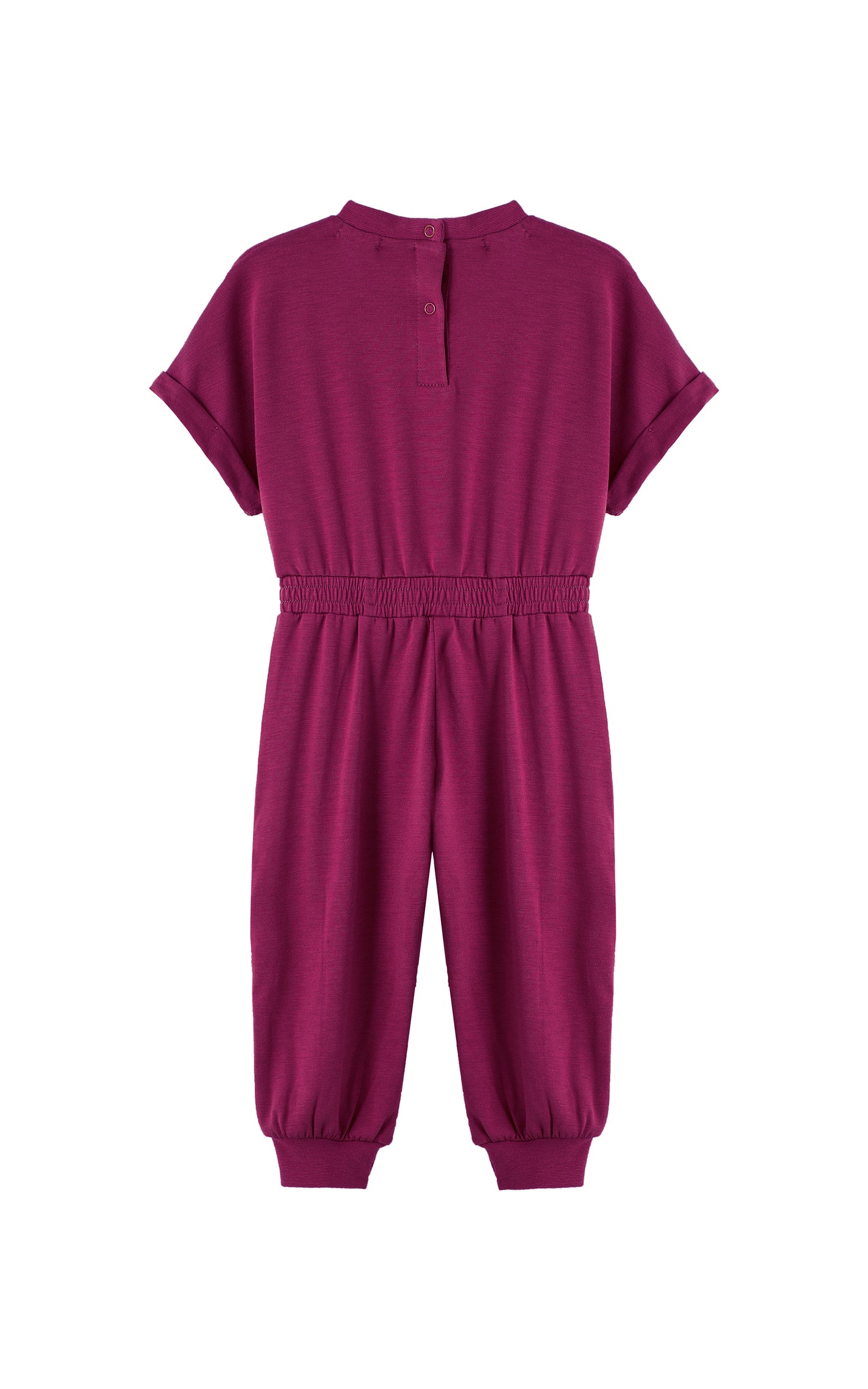 Back view of plum-colored romper with folded cuff sleeves.