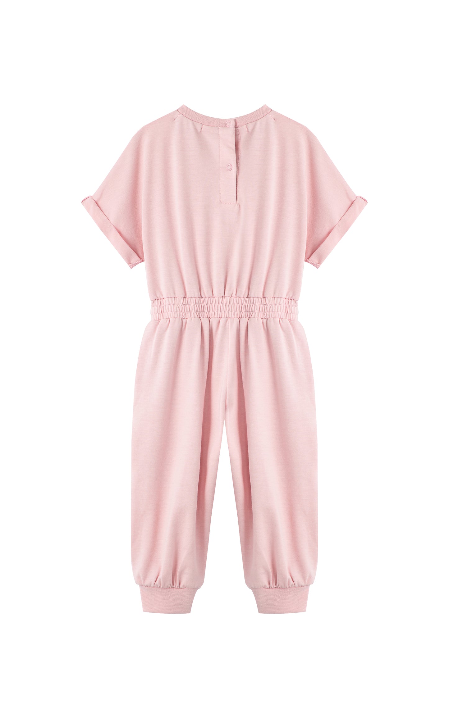 Back view of pink romper with folded cuff sleeves.