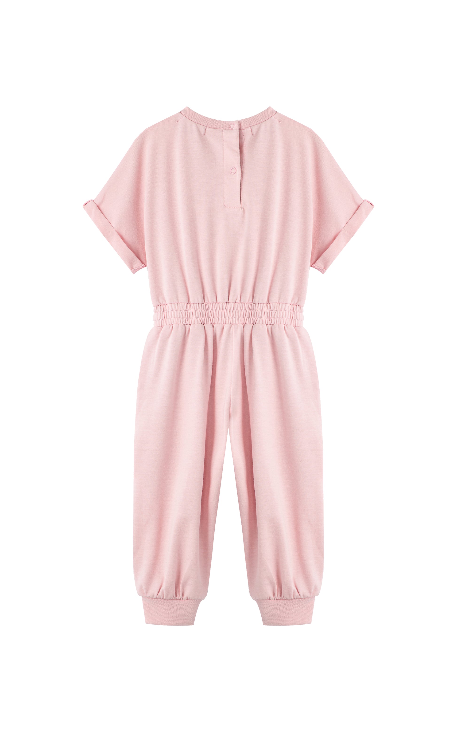 Back view of pink romper with folded cuff sleeves.