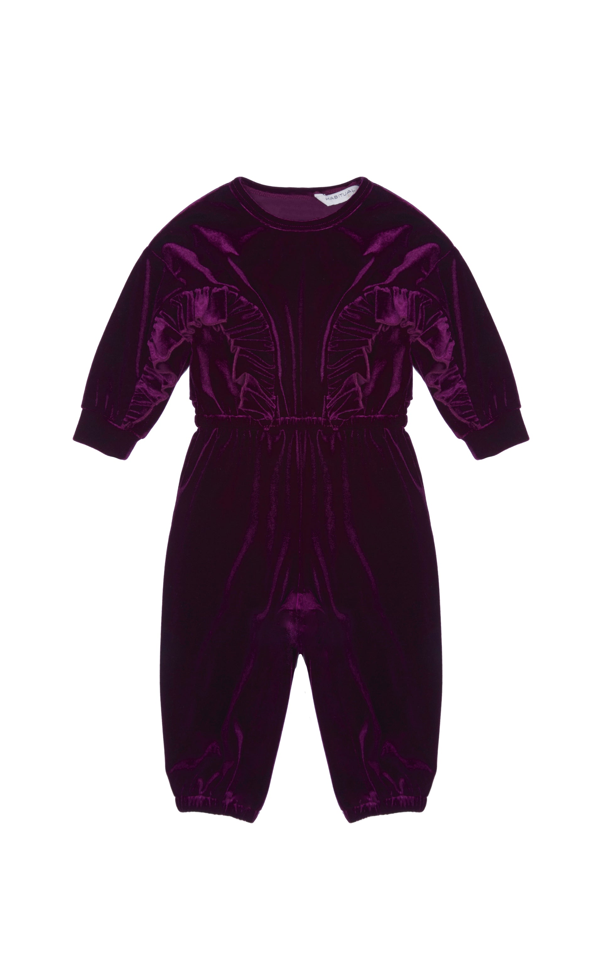 Long-sleeve purple jumpsuit with ruffle trim along arms and front. 