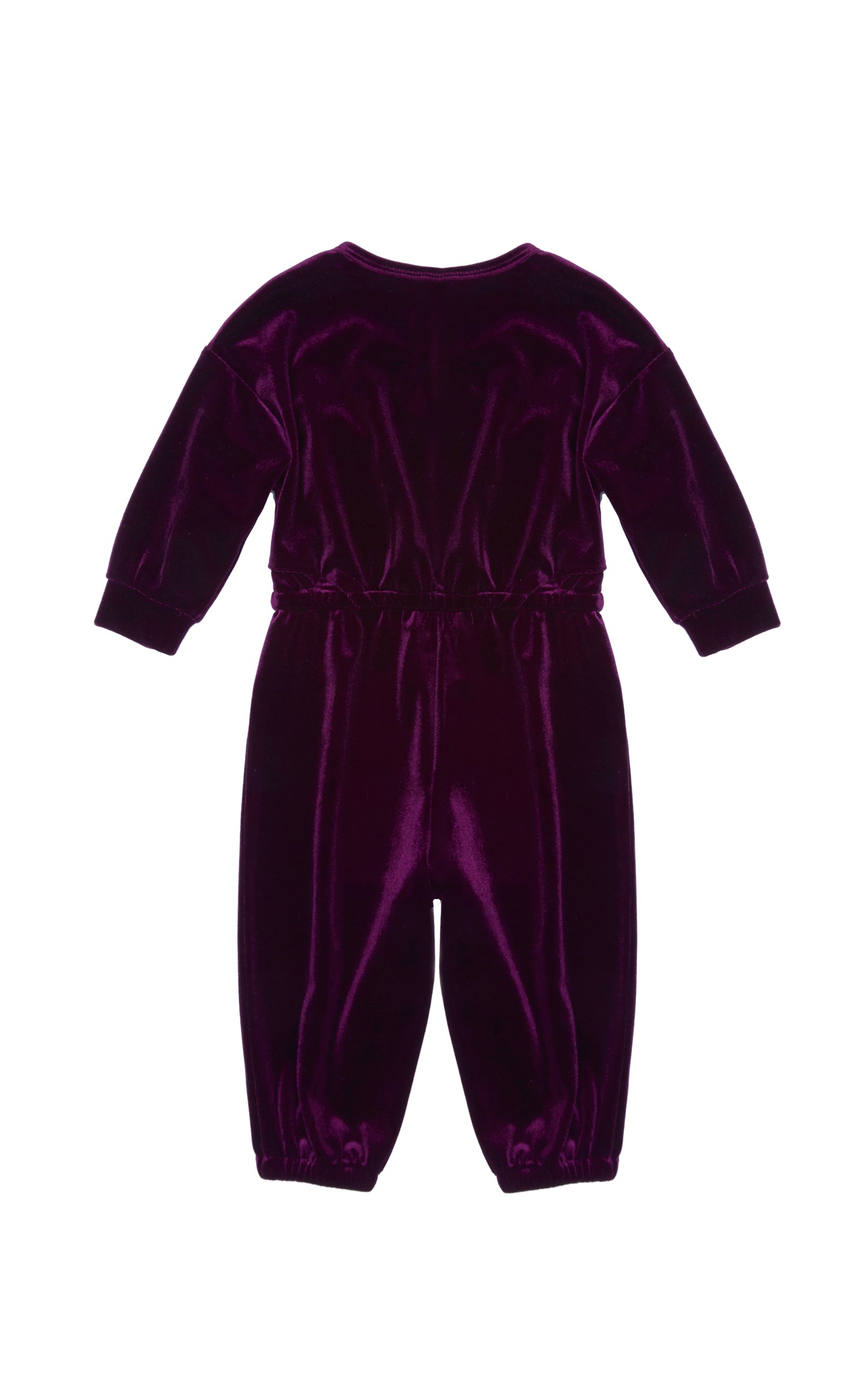 Back view of long-sleeve purple jumpsuit. 