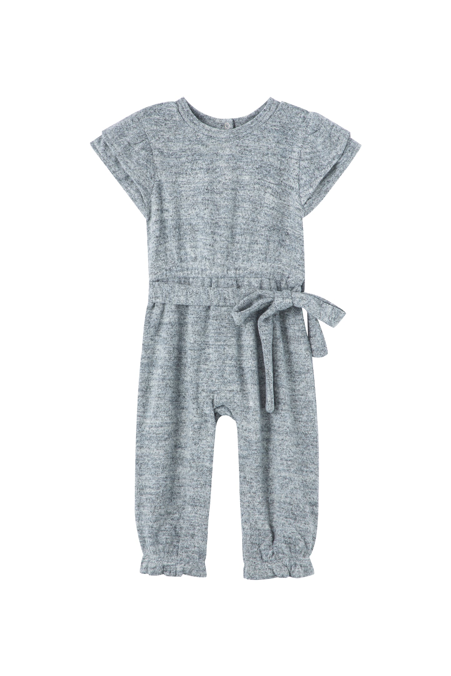 Front view of grey knit jumpsuit 