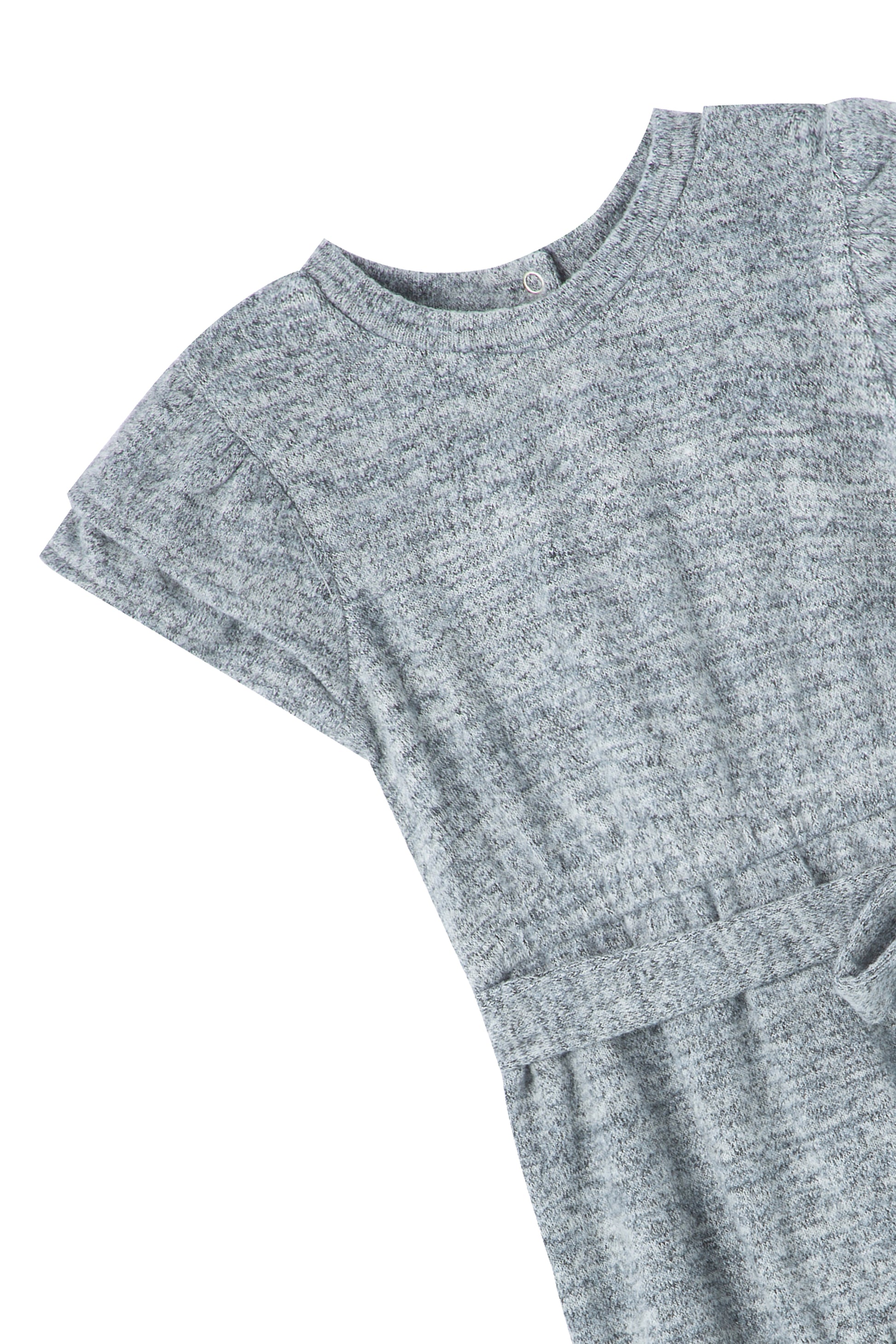 Close up view of grey knit jumpsuit 