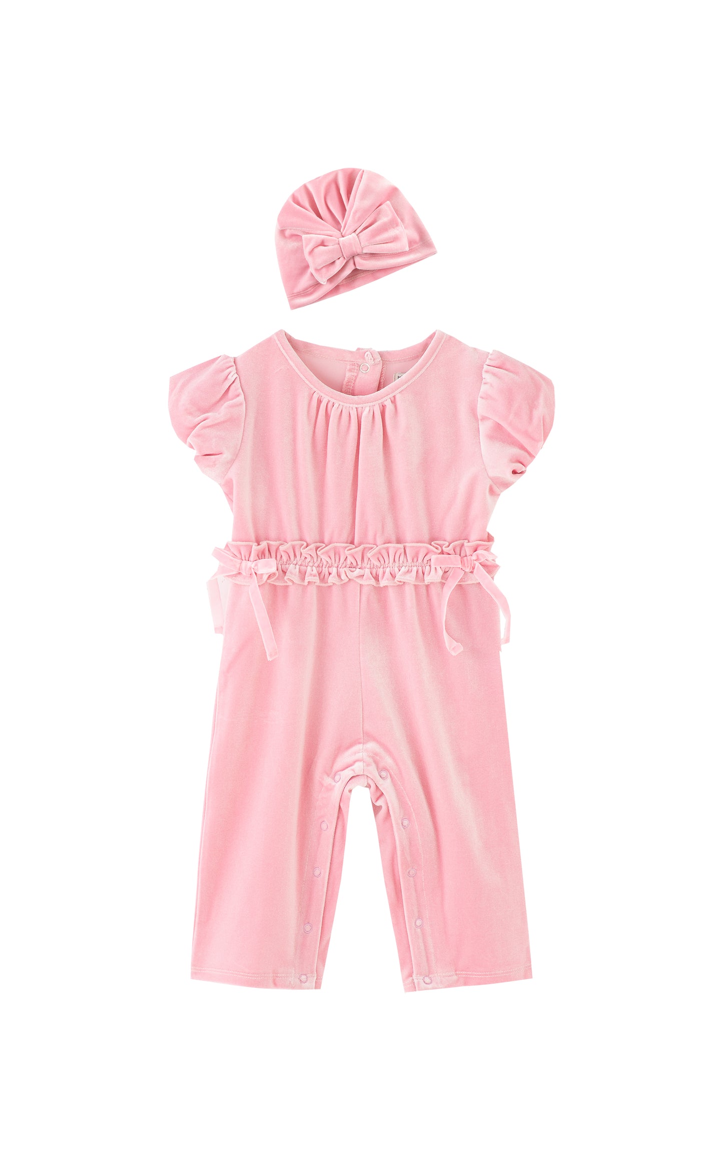LIGHT PINK VELOUR SHORT-SLEEVE ONESIE JUMPSUIT AND MATCHING HAT WITH A BOW
