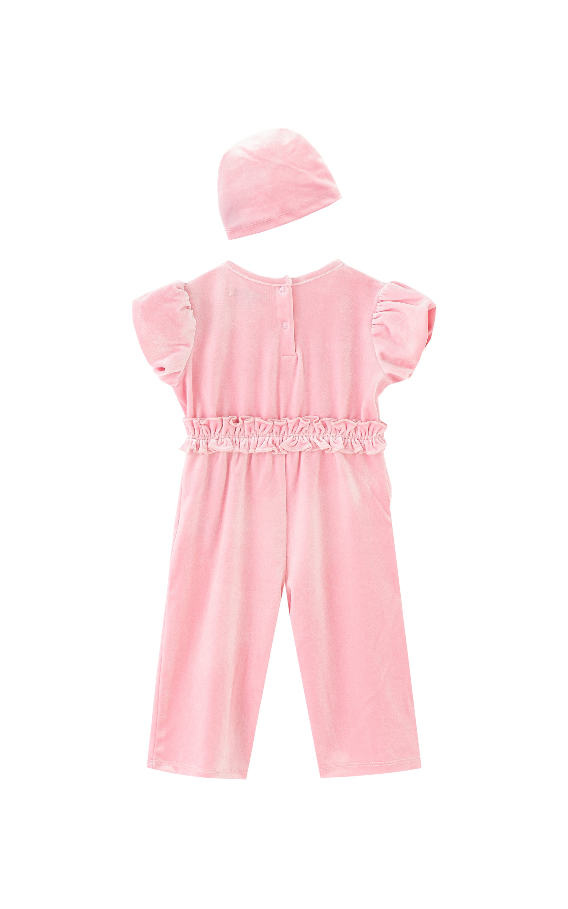 BACK OF LIGHT PINK VELOUR SHORT-SLEEVE ONESIE JUMPSUIT AND MATCHING HAT WITH A BOW